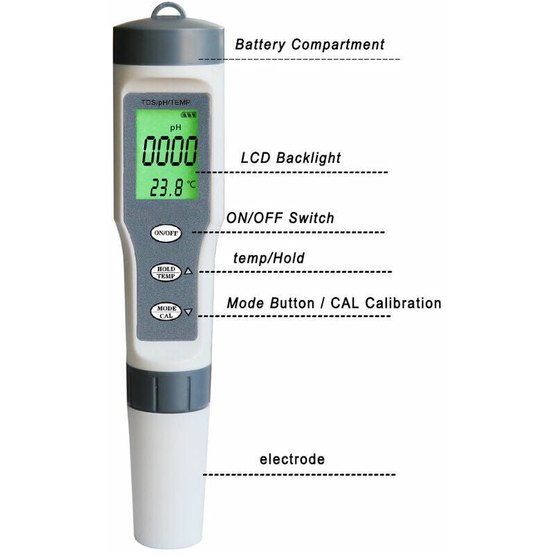 Testeur PH Mètre, Testeur PH Piscine électronique 3-en-1, TDS Mètre Température, Testeur de qualité de l'eau avec écran LCD et Précision de Lecture, - 4