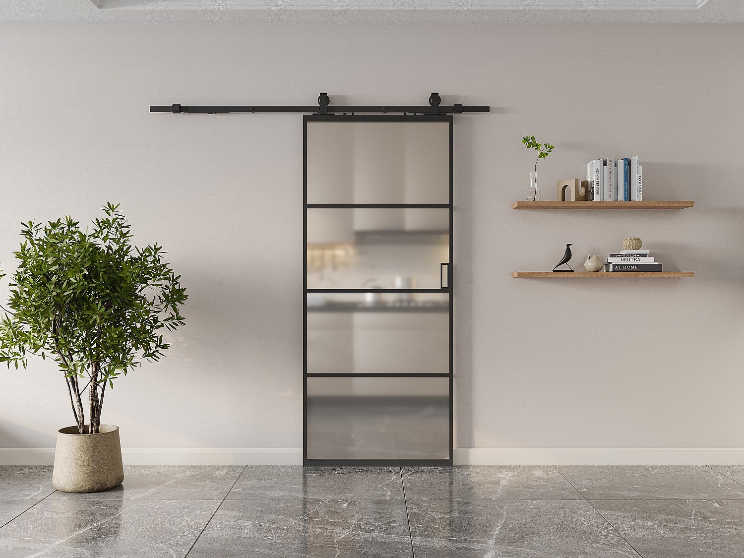 Drzwi przesuwne naścienne - aluminium i matowe szkło hartowane - wys. 205 x szer. 73 cm - SINCA II