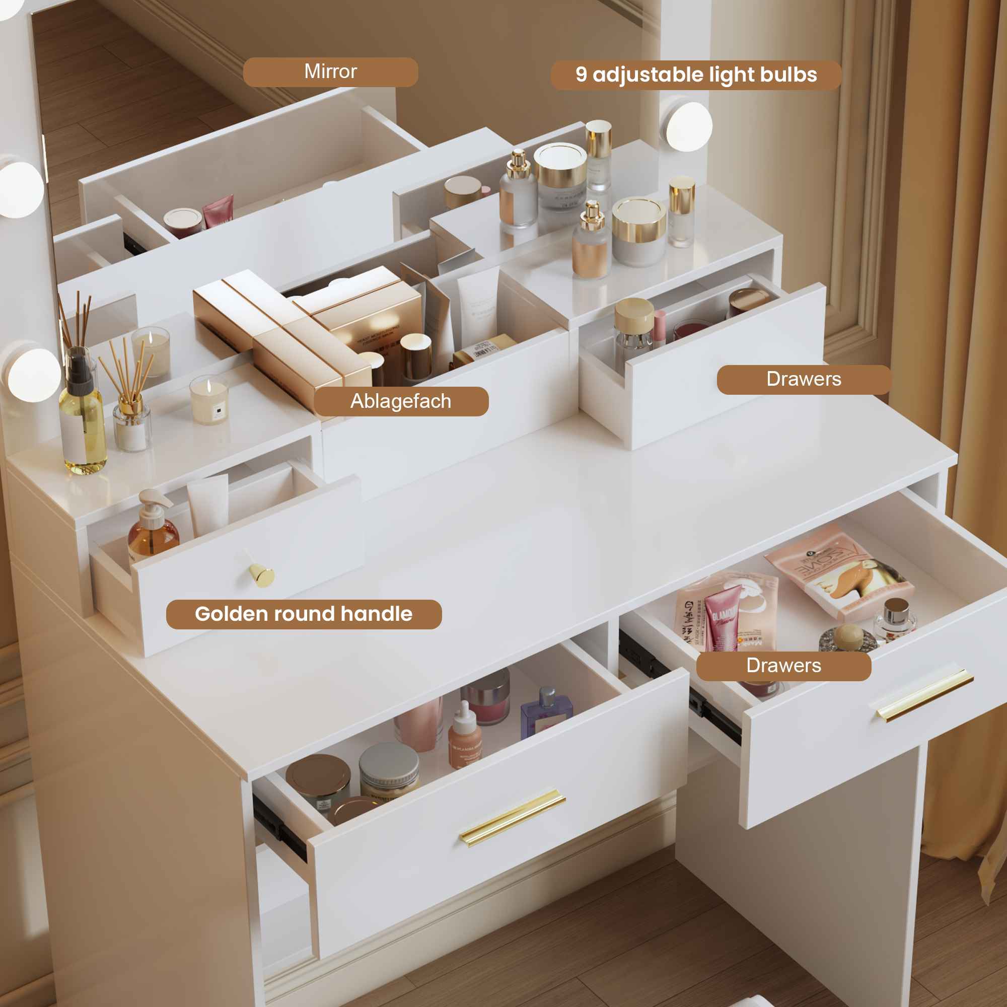Coiffeuse avec miroir LED 9 lampes, 3 modes d'éclairage, rangement compartimenté, tabouret rembourré et poignées dorées – 137x80x39 cm - 7