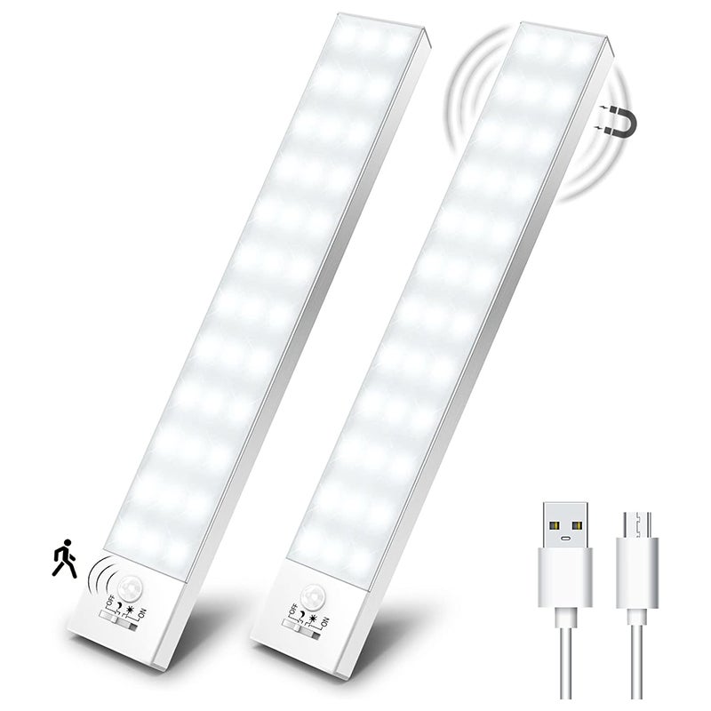 Oświetlenie LED do szafki, ładowane, z czujnikiem ruchu, idealne do biura, na schody i korytarz, chłodne białe światło 34 cm (2 sztuki)