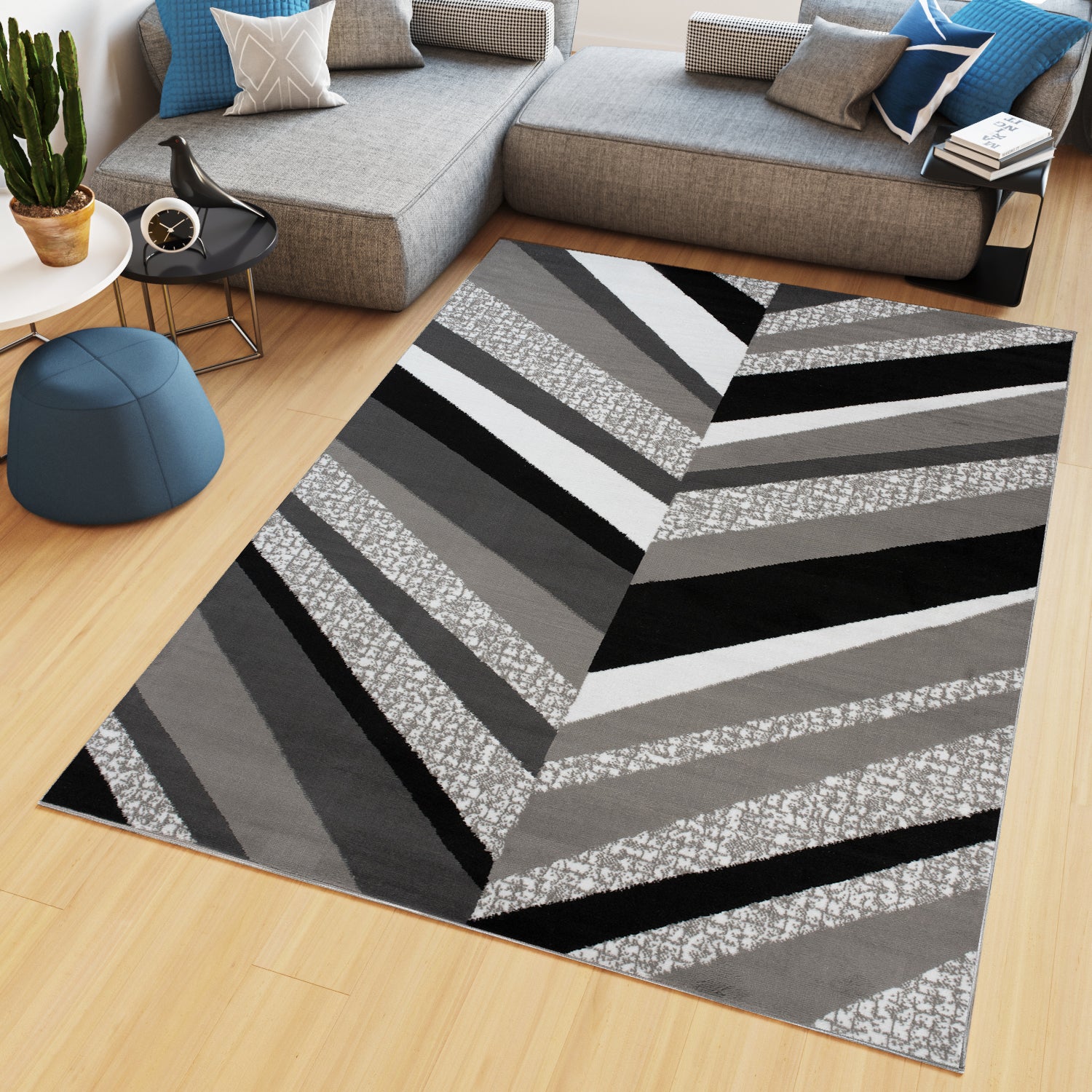 Tapiso maya alfombra de salón sala comedor diseño moderno gris negro blanco geométrico rayas delgada 200 x 300 cm
