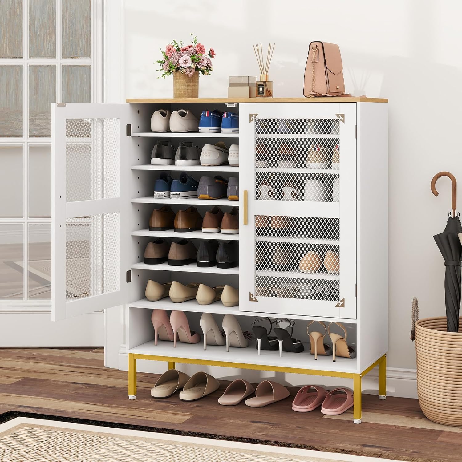 Szafka na Buty z 2 Drzwiami, Mebel na Buty z 7 Regałami, Drzwi z Siatki, 80 x 37 x 106 cm, Mebel Organizacyjny do Przedpokoju, Biały