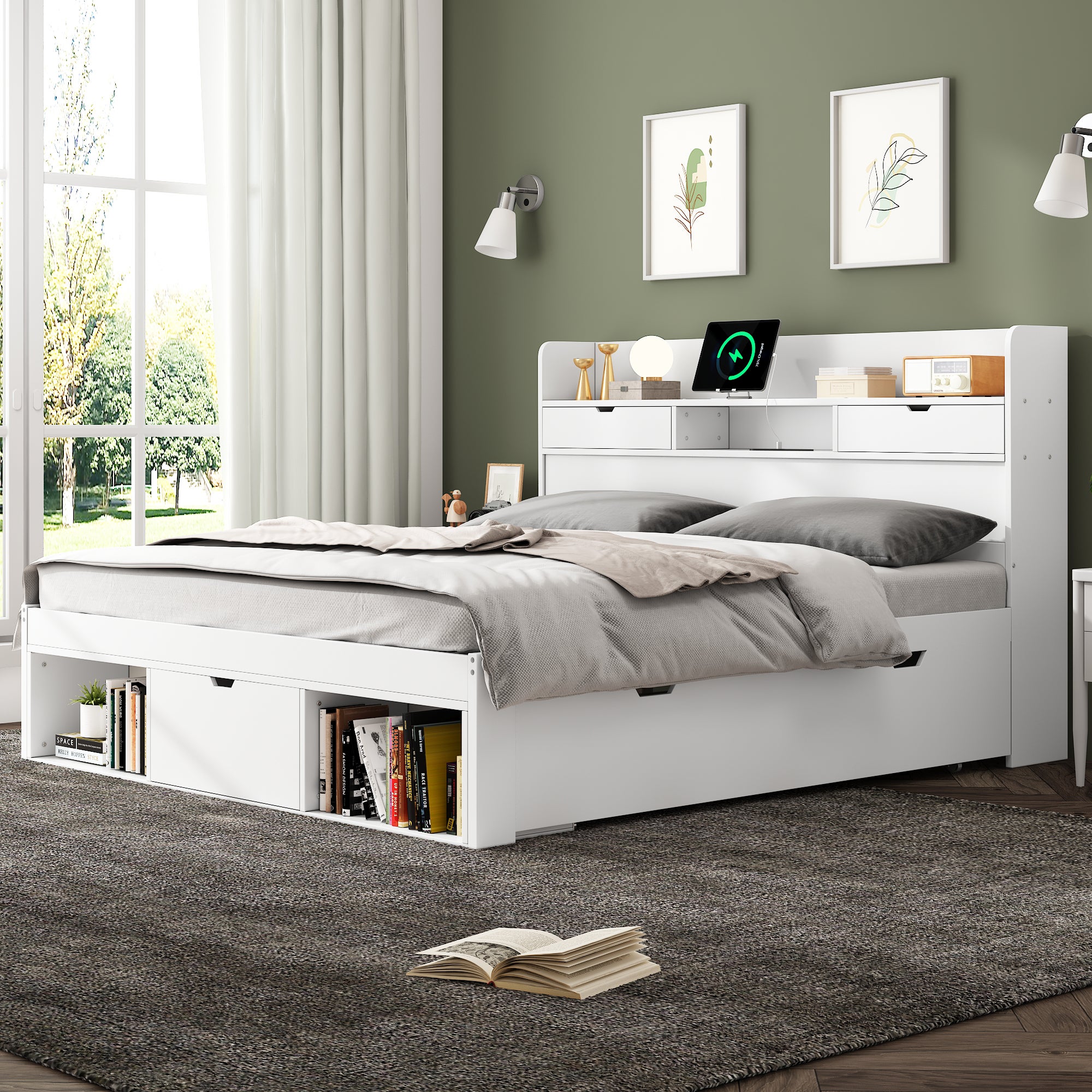 Lit double 160x200 cm avec rangements intégrés, tête de lit avec ports USB et tiroirs, structure en pin blanc, sans matelas - 2