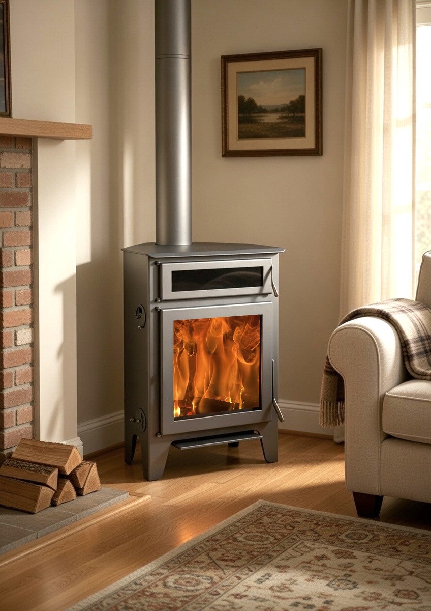 Estufa de leña de rincón Juan Panadero R5 Horno Max - 11 kw / Alto rendimiento 85% / Horno superior / Triple combustion / 320 m3