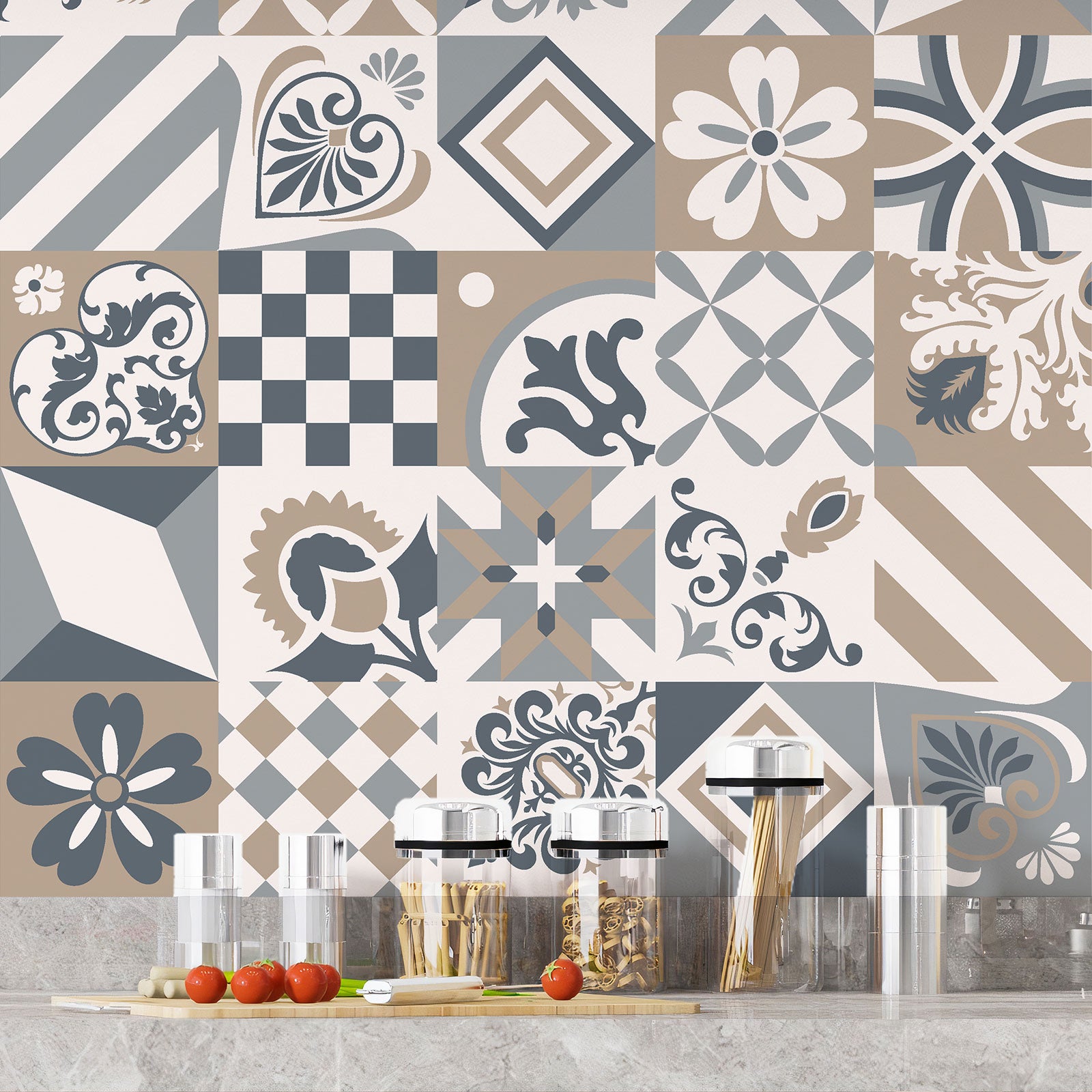 Crédence adhésive sticker décoratif pour cuisine - Effet carreaux de ciment - Adhésif BRILLANT - 60x60 cm - 4