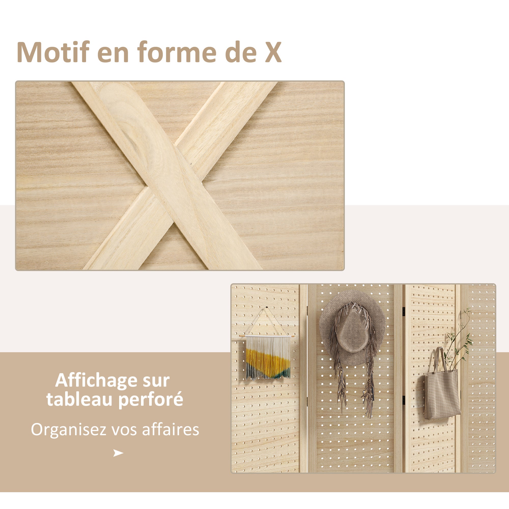 Paravent intérieur en bois 4 panneaux séparateur de pièce pliable panneau perforé 152x1,7x144,5cm bois naturel - 6