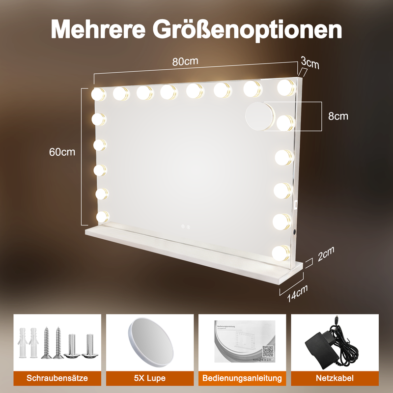Lustro do makijażu Nettlife Hollywood z diodami LED i Bluetooth, 18 diodami LED, duże lustro toaletowe, światło i muzyka, 3 tryby - 8