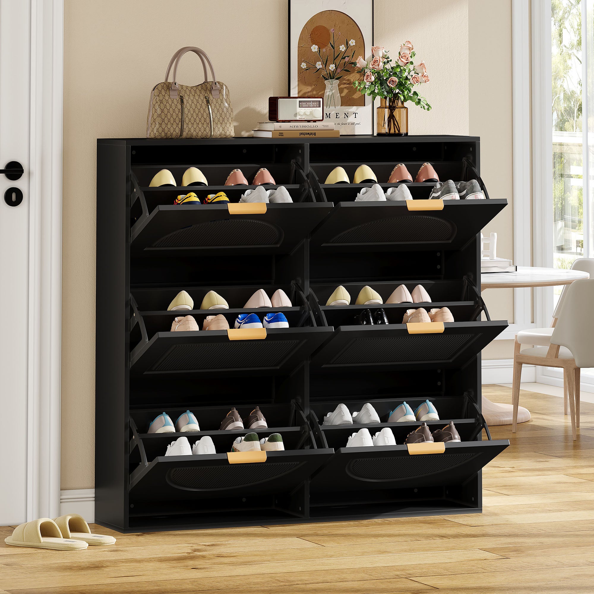 Zapatero negro moderno 118×25×115 cm, 6 compartimentos abatibles y estantes abiertos. ideal para recibidor y pasillo.