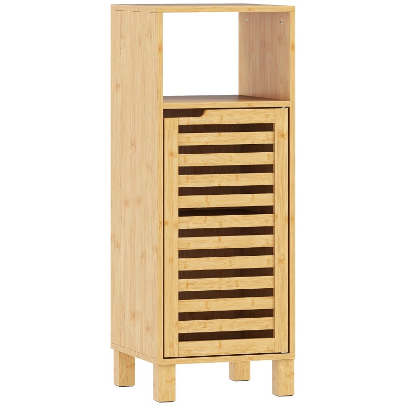 Depozitare, rafturi reglabile, lemn natural, bambus, 30 x 30 x 80 cm, baie, cu spațiu de depozitare integrat