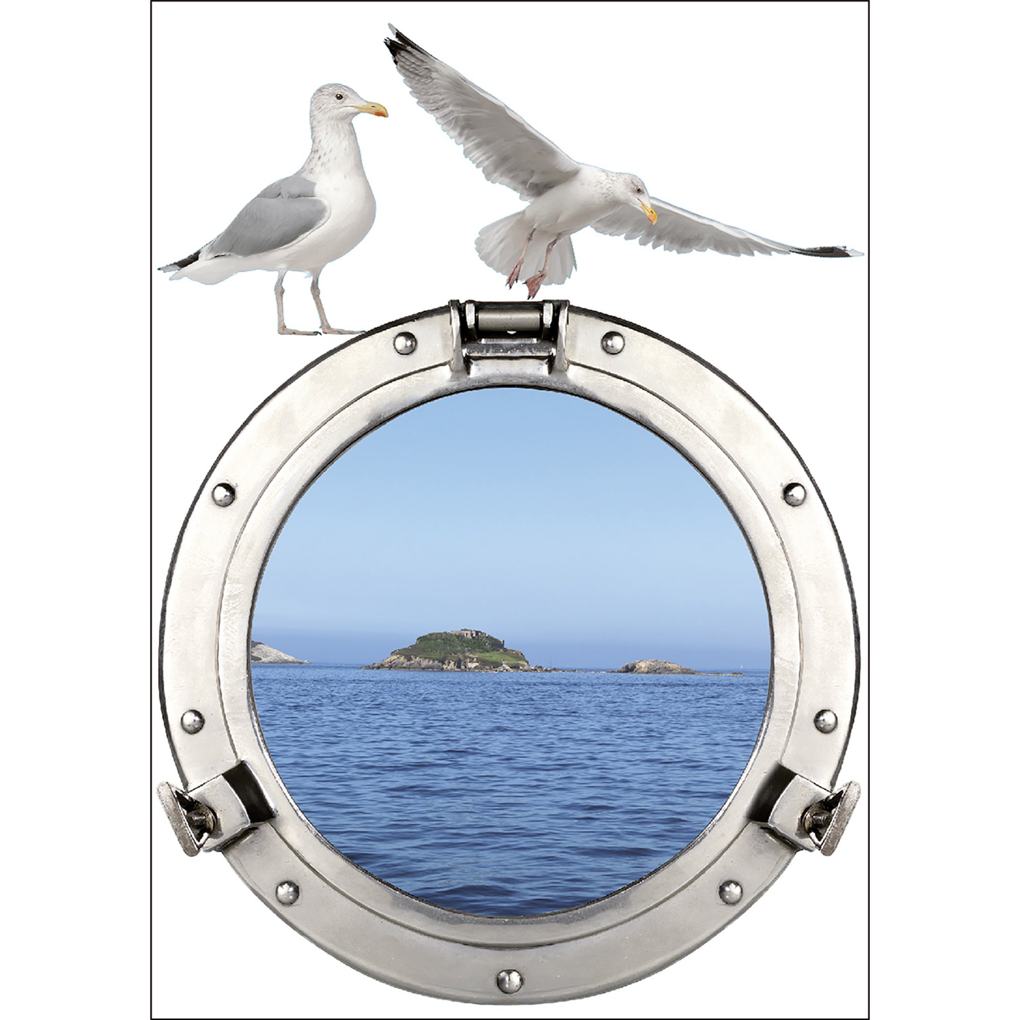Adhesivo decorativo, foto de un ojo de buey con vistas a una isla en medio del mar, 68 cm x 48 cm - 2