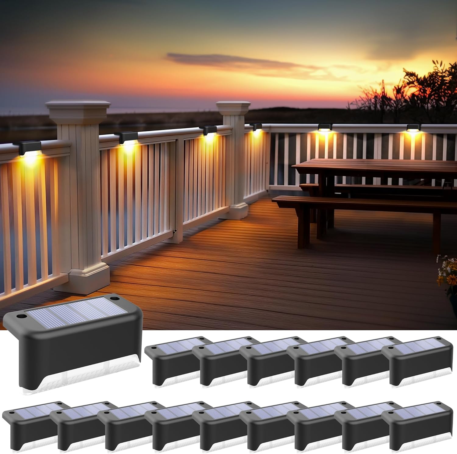 Czarne lampy solarne LED do schodów zewnętrznych, ciepłe światło, 16 szt., 7,8 x 2,8 x 4,7 cm, wodoodporne, akrylowe, wodoodporne