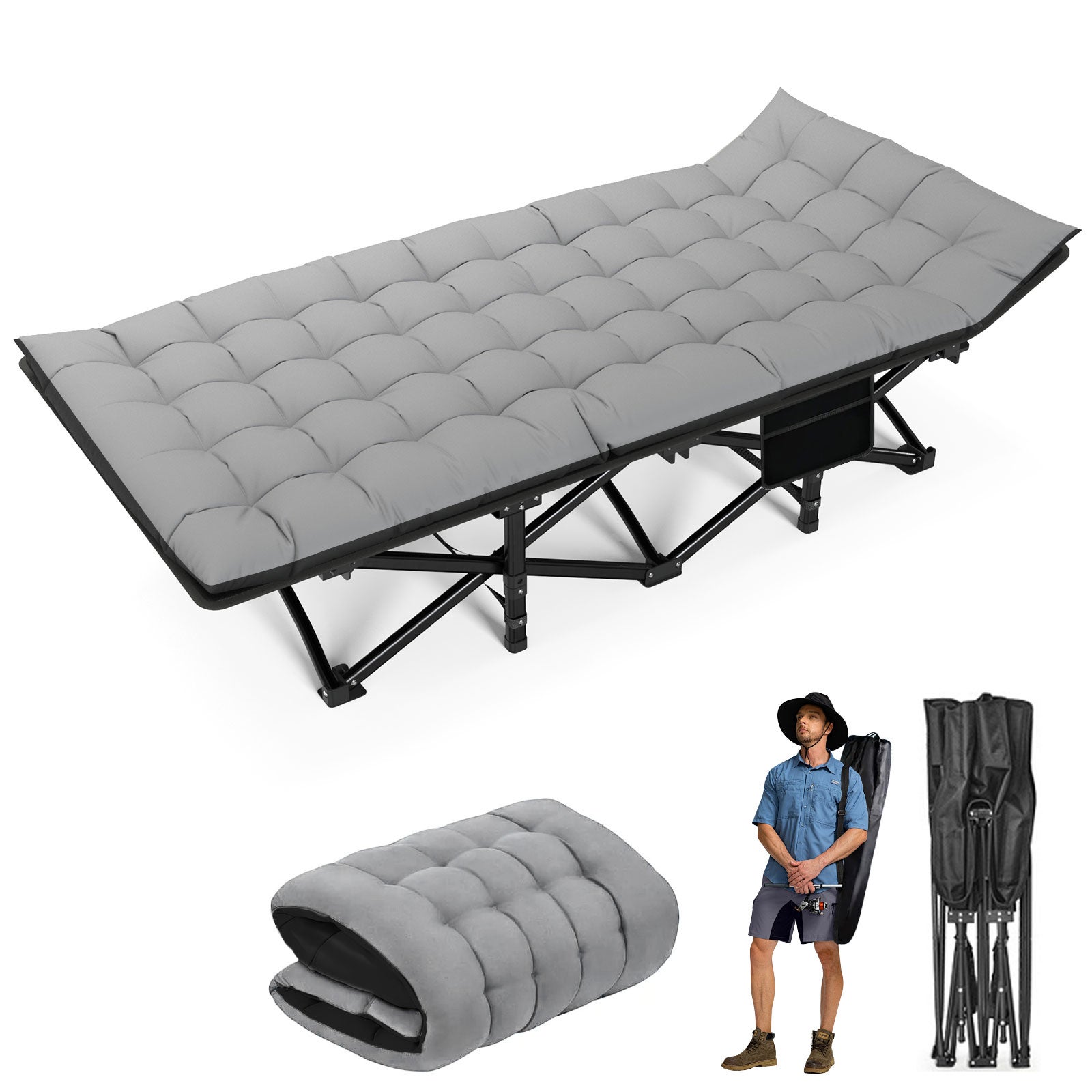 Qwinern  Cama De Camping Portátil, Cama Plegable Para Exterior, Con Colchón Y Bolsa De Almacenamiento, Adecuada Para Caminatas, Viajes Y Siestas. Gris/Negro , Leroy Merlin