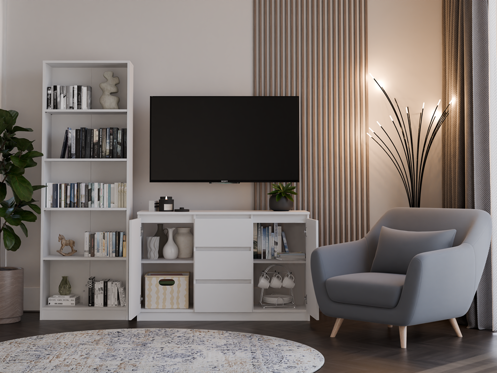 CAZAR - Commode moderne 2 portes + 3 tiroirs chambre/salon/bureau| Dimensions : 75x120x40 - Design minimaliste - Meuble fonctionnel - Blanc - 6