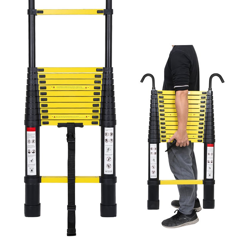 Escalera telescópica con gancho escalera tijera aluminio negro+amarillo 3,8m