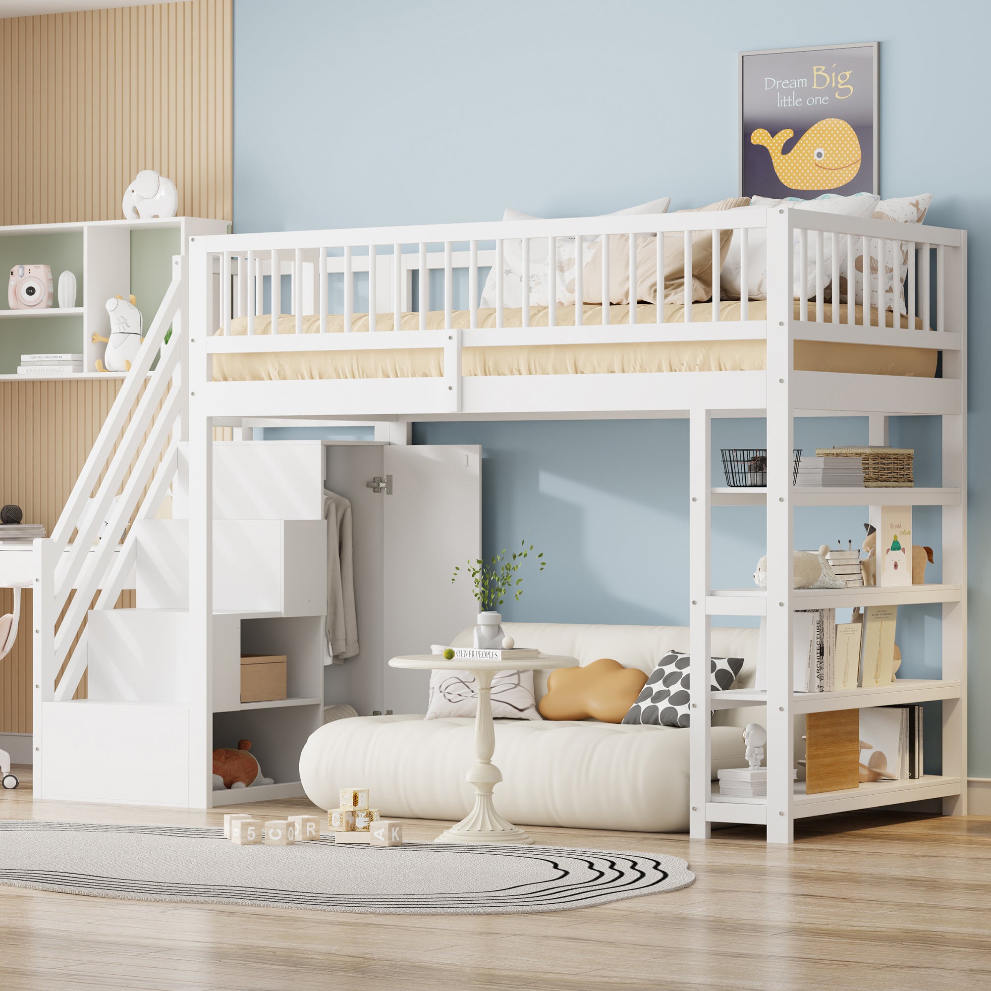 Lit mezzanine 90 x 200 cm, haute barrière de sécurité, avec penderie, étagères et rangement avec échelle de sécurité, lit multifonction, blanc - 2