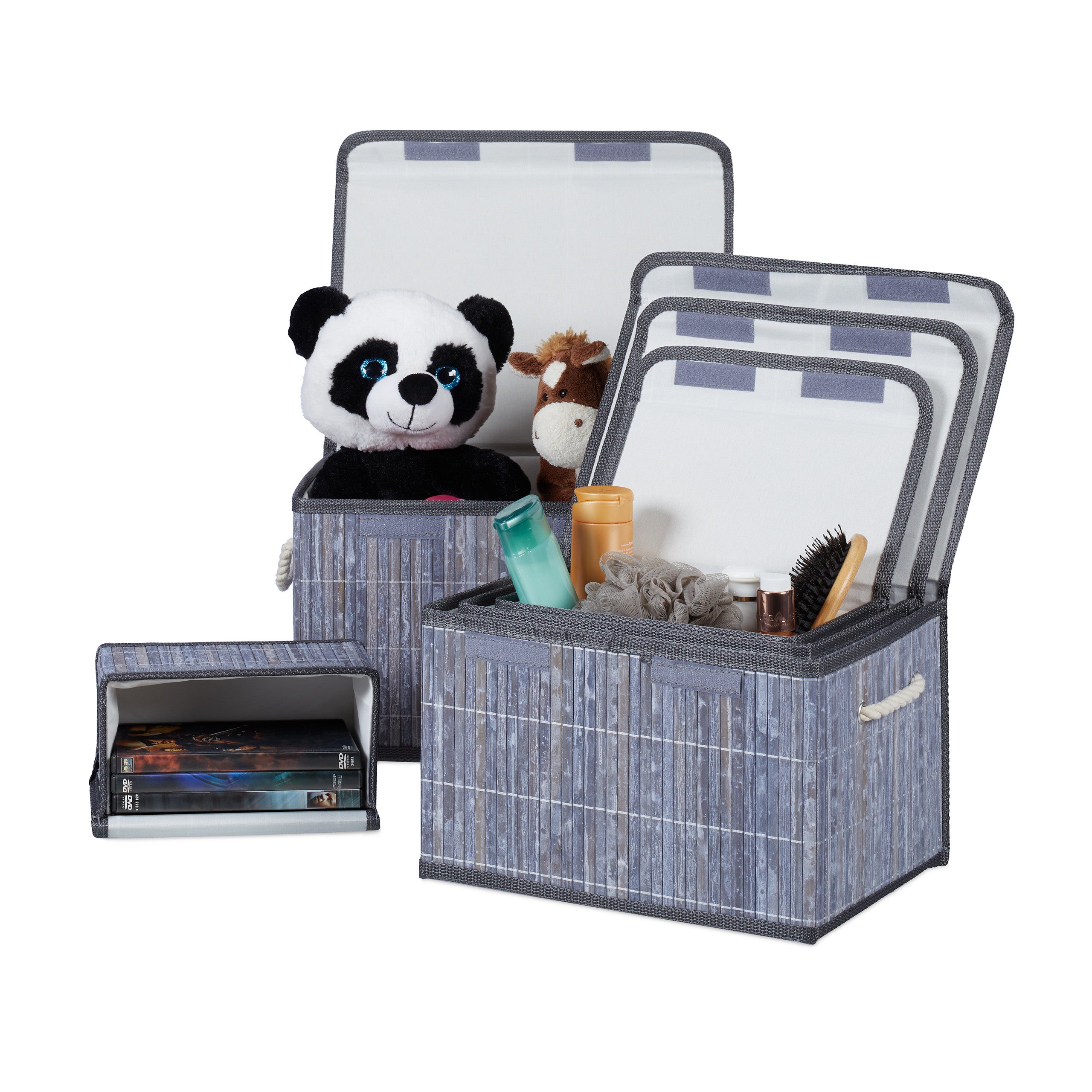 Relaxdays Scatola Portaoggetti, Set 2 Box da Scaffale, HLP: 32 x 33 x 33 cm, Portagiochi Pieghevole, in Lino, Grigio, Cotone