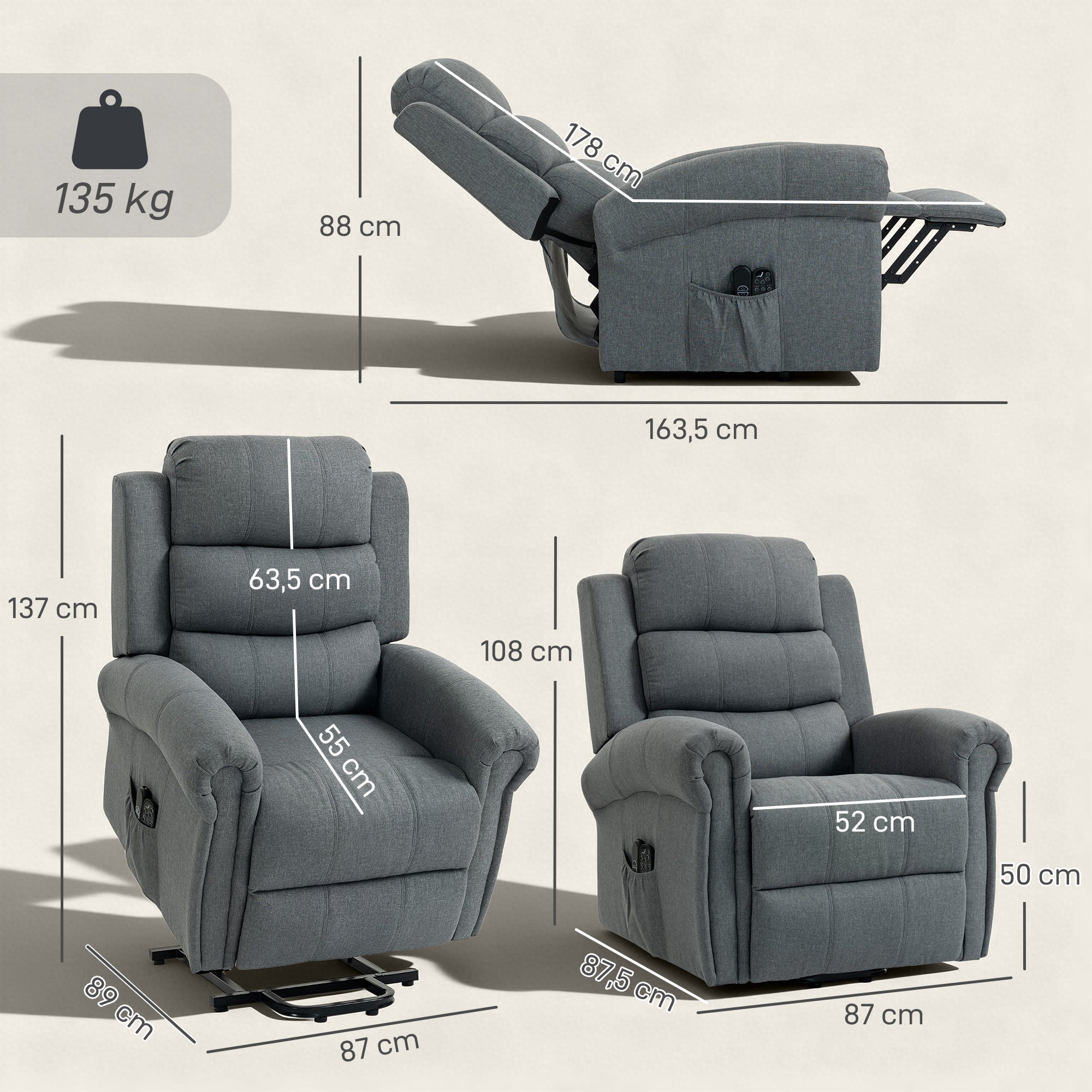 Fauteuil releveur électrique - HOMCOM - massage et chauffage, dossier inclinable, ports USB - tissu en lin - 87x87,5x108cm - gris - 3