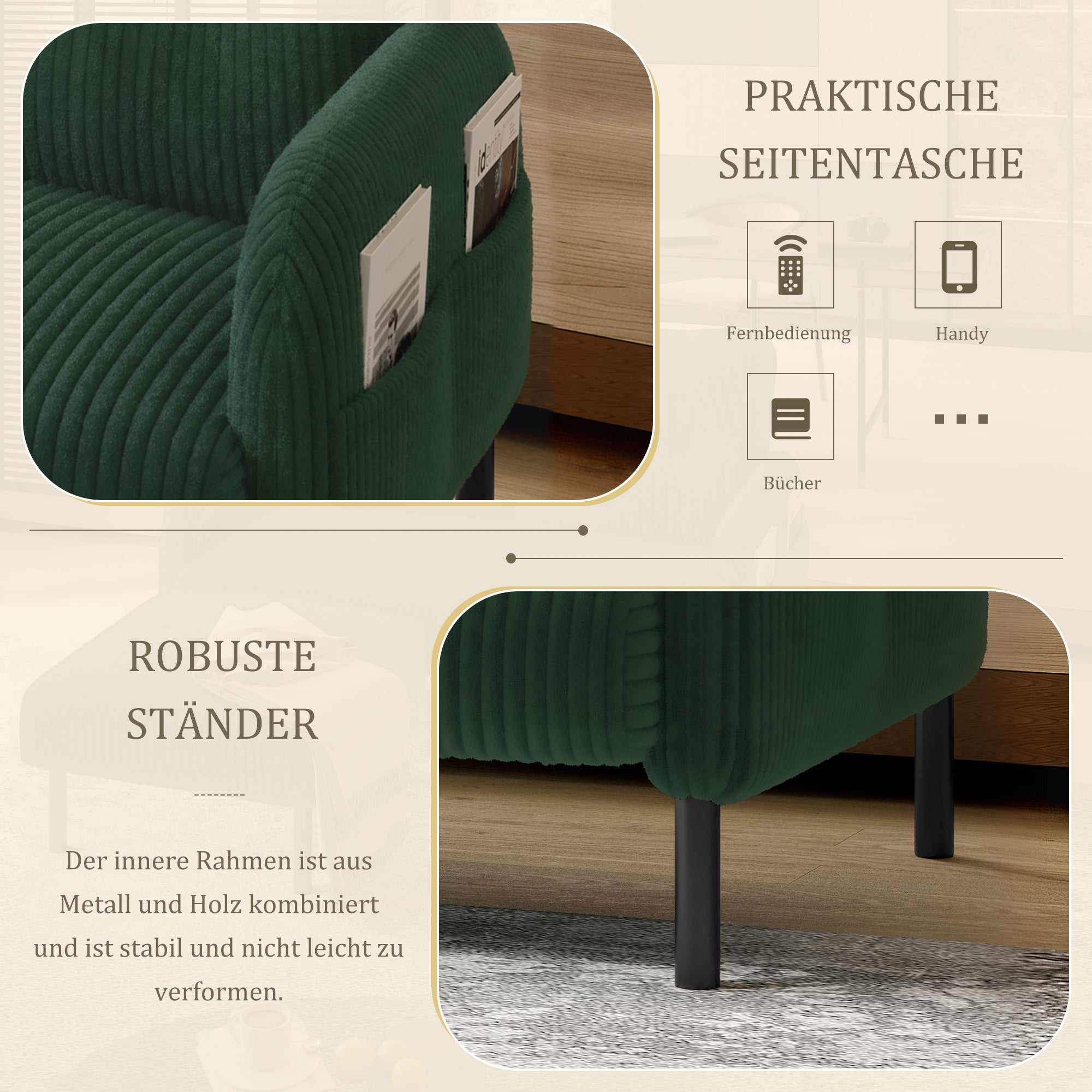 Canapé 2 places velours côtelé - Dossier haut pieds métal poches latérales pour salon/bureau - 2