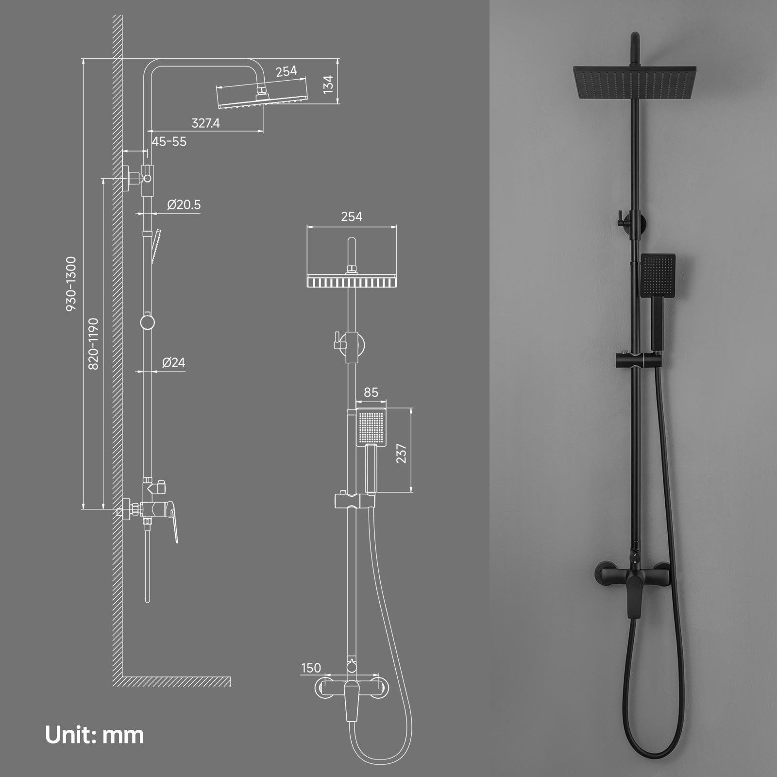 AURALUM MAX Colonne de Douche Noir 2 Fonctions Ensemble de Douche en Laiton avec Douchette de tête Carré, Haute Réglable 93-130 cm - 5