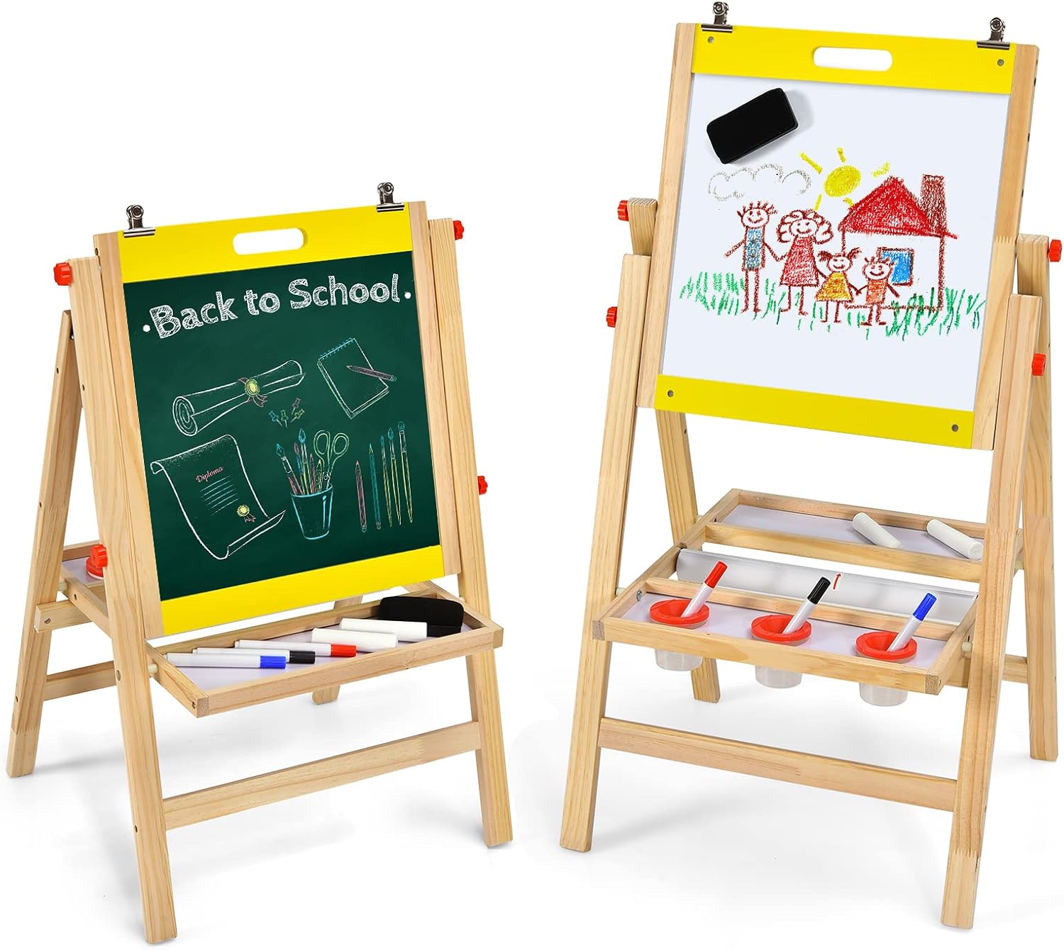 Sztaluga dla Dzieci z Rolką Papieru, Dwustronną Tablicą w Kolorze Czarnym i Białym, Wykonana z Drewna Sosnowego i MDF, 5 Poziomów Regulacji (Żółta)