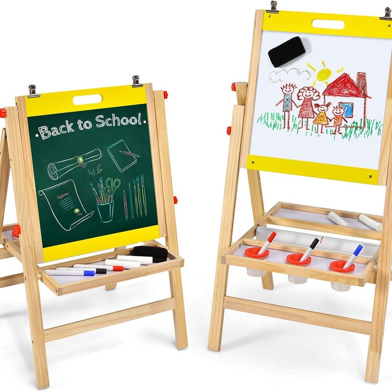 Sztaluga dla Dzieci z Rolką Papieru, Dwustronną Tablicą w Kolorze Czarnym i Białym, Wykonana z Drewna Sosnowego i MDF, 5 Poziomów Regulacji (Żółta)