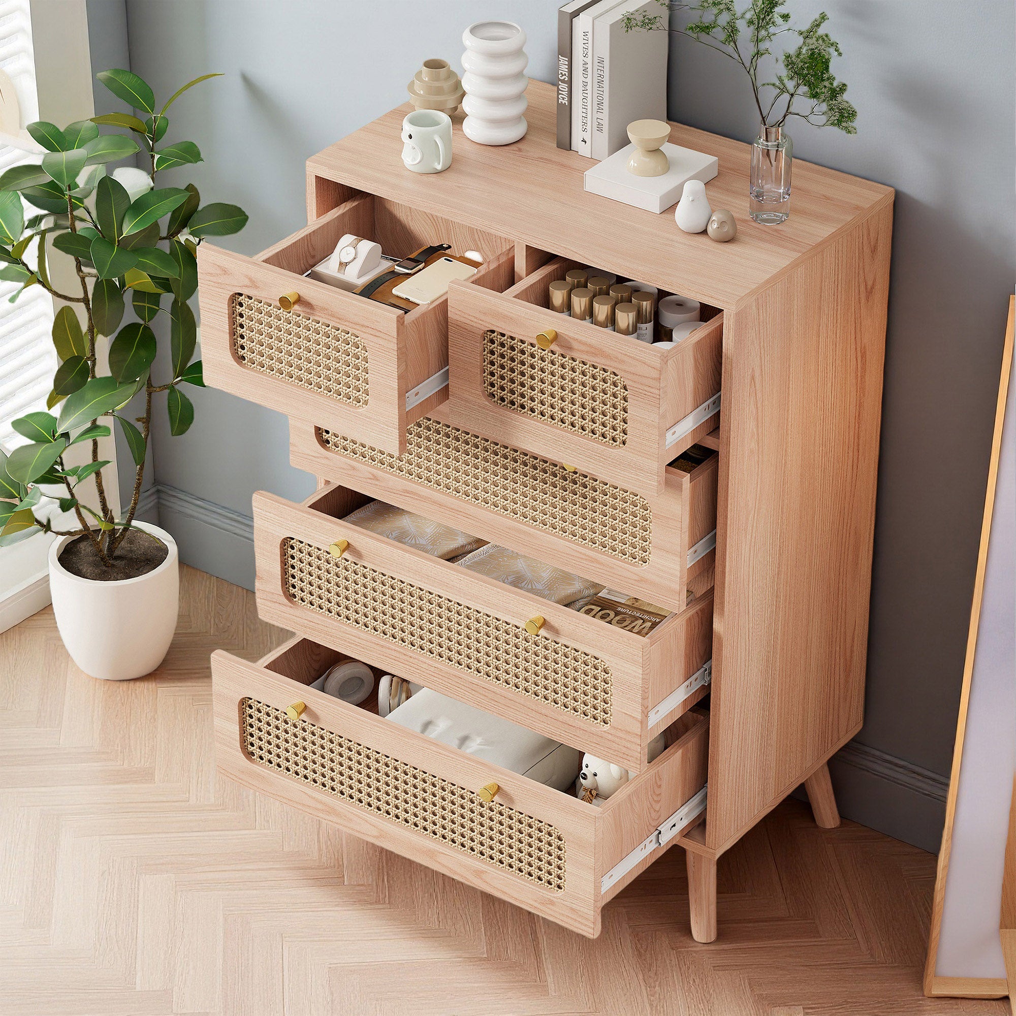 Commode - COZY - Avec 5 tiroirs - Scandinave - 60 x 34 x 91 cm - tiroirs en rotin - Couleur bois naturel - 2