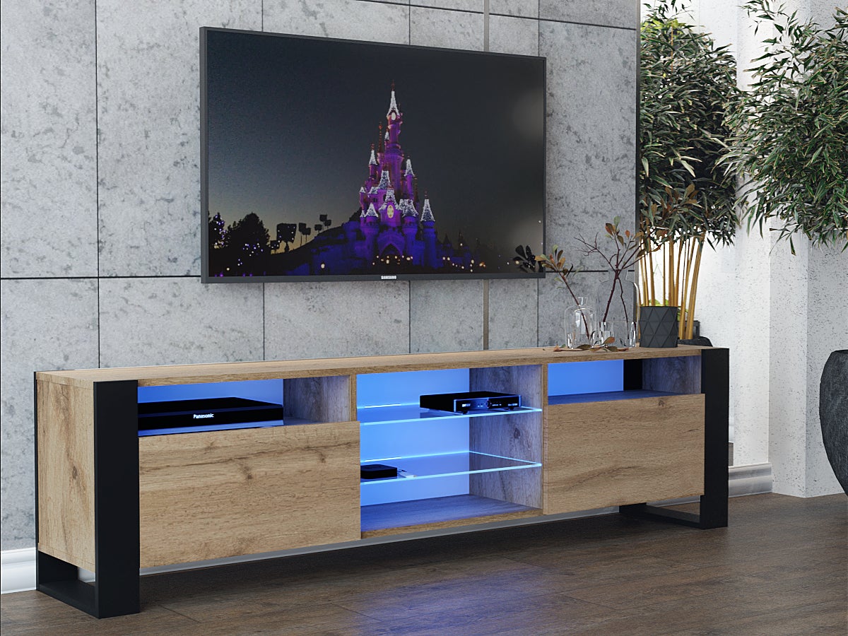 MEUBLE TV 200 CM LOVY LED CHENE MAT ET PORTE CHENE - STYLE INDUSTRIEL - 2