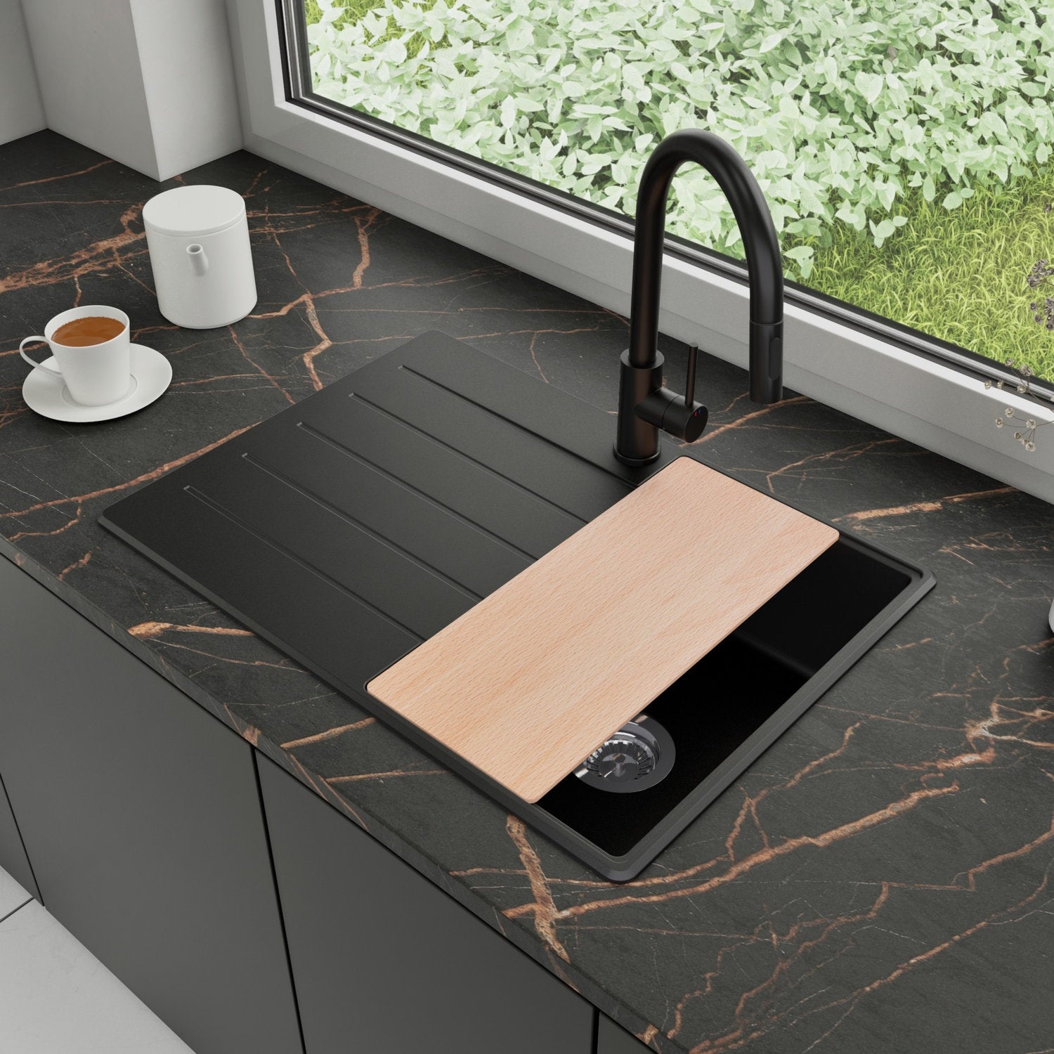 Zlewozmywak Granitowy 70x50cm, do szafki od 40cm + Bateria + Syfon + Deska - Ametyst Czarny STONESTYLE
