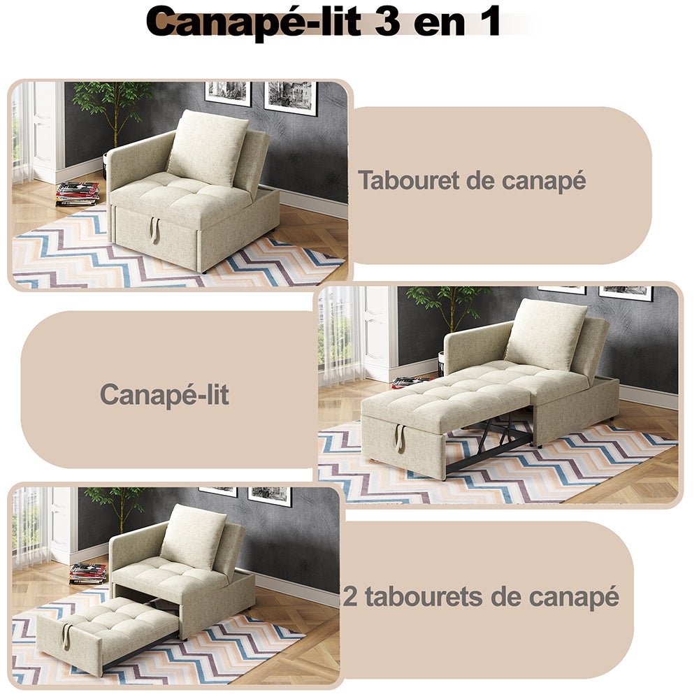 Canapé convertible 3 en 1 multifonctionnel en tissu lin rembourré avec dossier réglable pour petites pièces couleur beige - 9