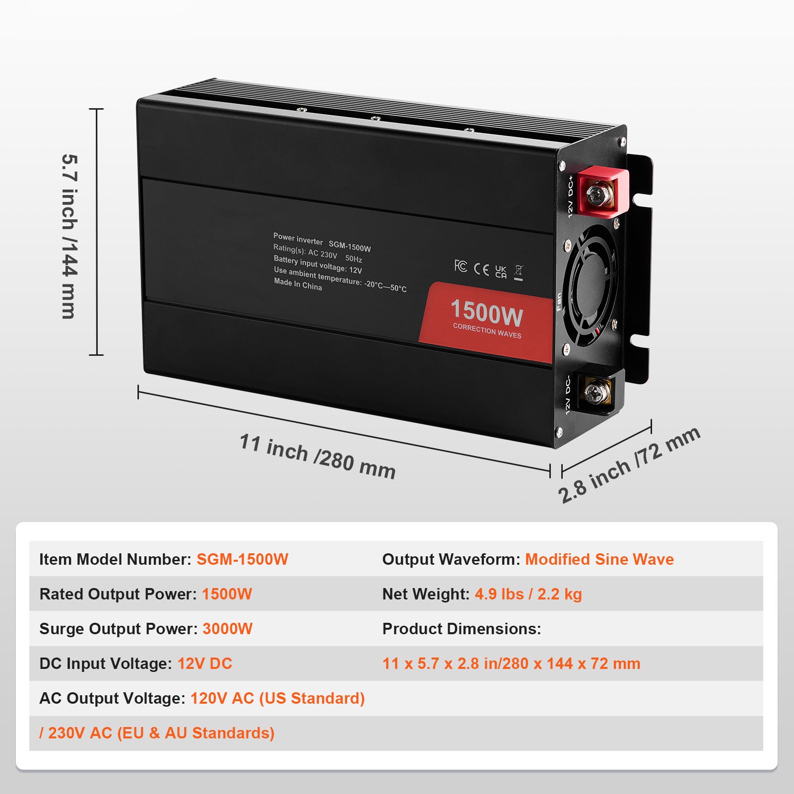 Onduleur Onde Sinusoïdale Modifiée 1500 W DC 12 V à AC 230 V, 2 Prises CA, 2 Ports USB, Type-C, 6 Fusibles, Certifié CE FCC SucceBuy - 9
