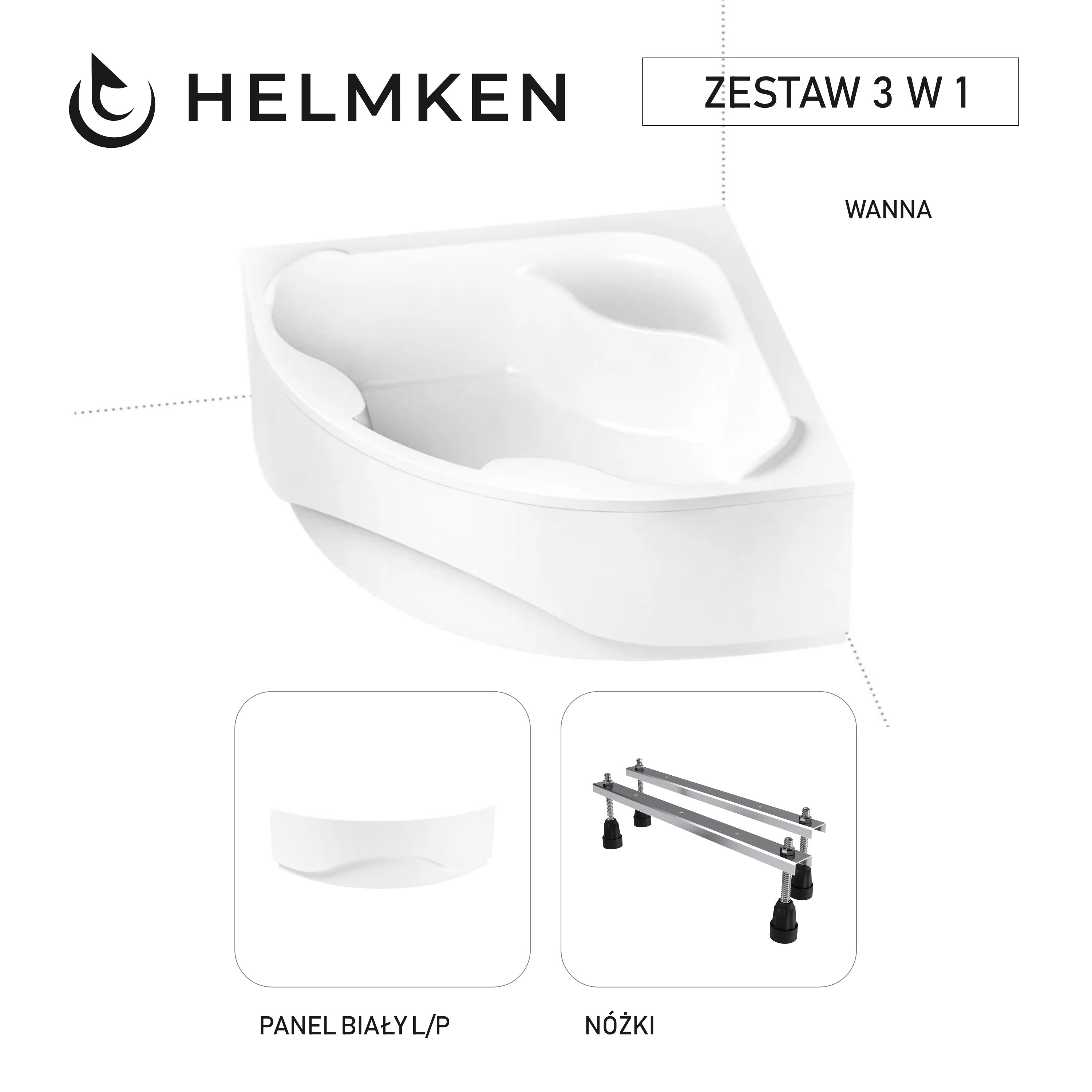 Wanna akrylowa Helmken Majestica 140x140 + Panel biały + Nóżki, 35040140ZW