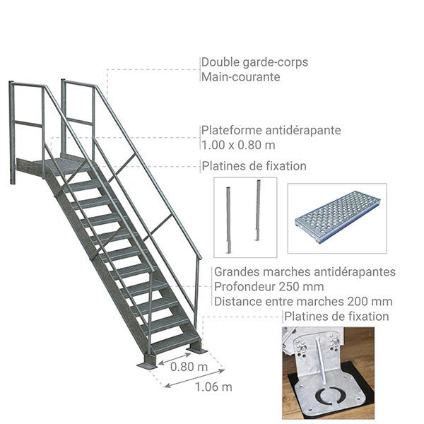 Escalier industriel acier 10 marches - Hauteur à franchir 2,00 m - ETAGS1010 - 3