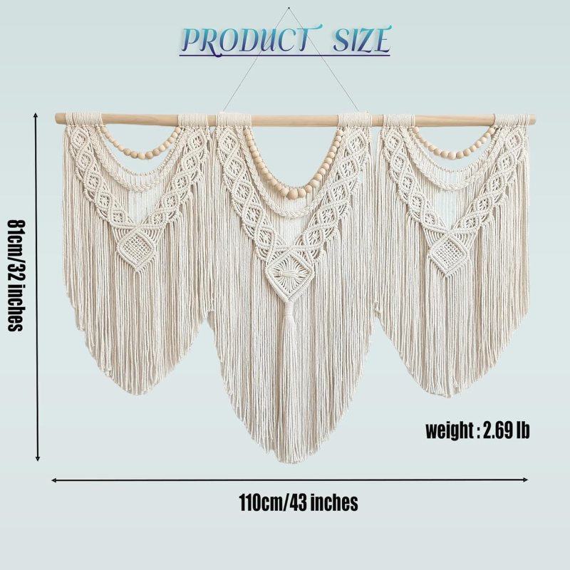 Tenture murale macramé bohème, Fait main en coton ivoire, Grand décor pour salon, chambre et mariages, Avec perles en bois beiges - 2