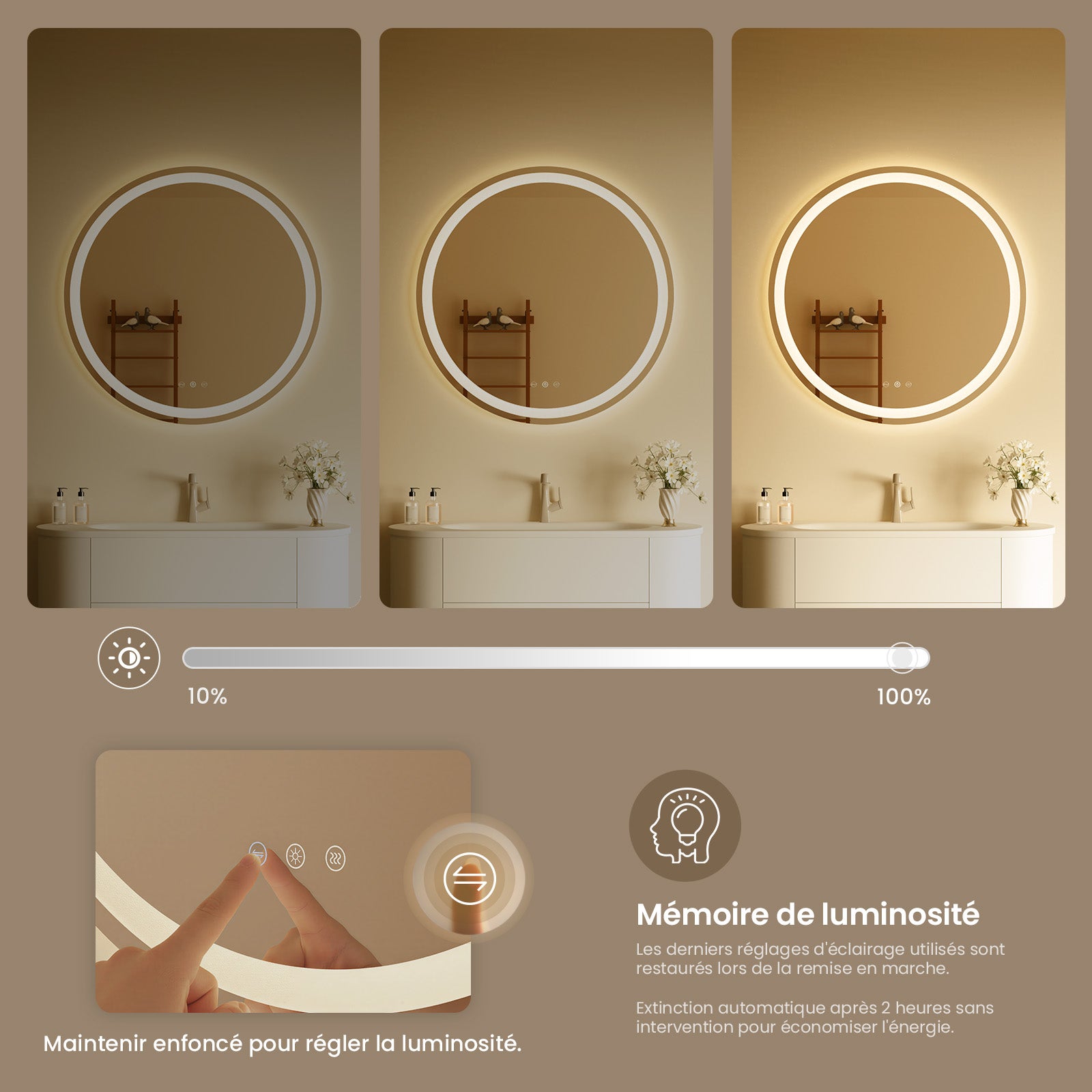 Miroir de salle de bain rond, Miroir art décor chambre, Miroir rond anti-buée avec éclairage, Miroir étanche, Diamèter Φ: 50 cm - 3