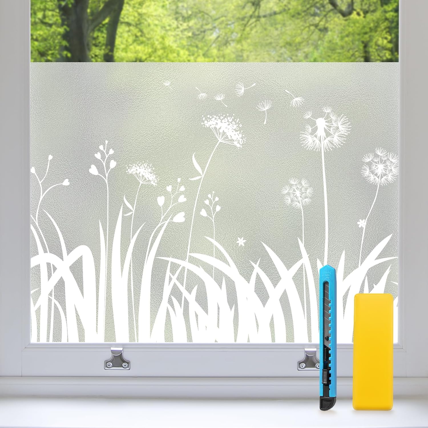 Folia okienna zapewniająca prywatność, 44,5 x 200 cm, wzór mniszka lekarskiego, matowa, nieprzezroczysta, dobra prywatność, odporna na promieniowanie