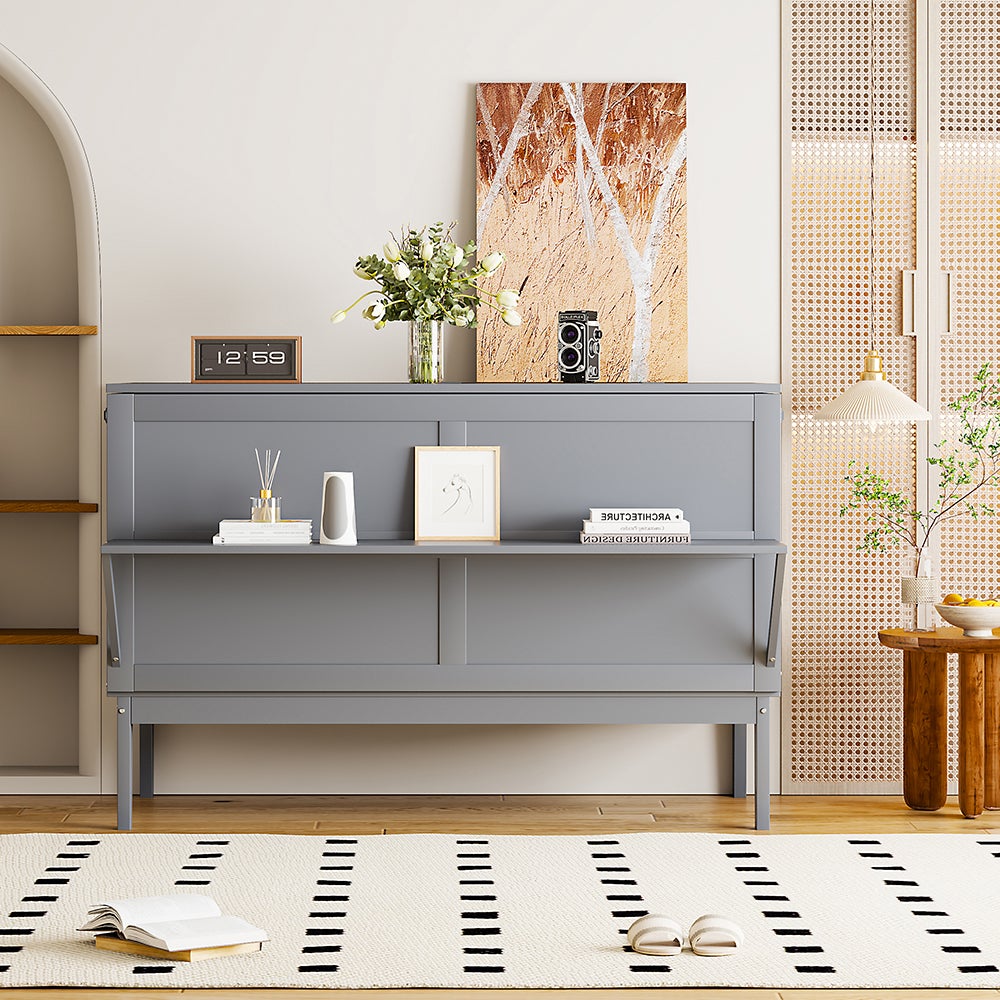 Lit armoire 140x200 cm, avec sommier à lattes, lit pliant mural, lit armoire vertical avec sommier à lattes, gris - 4