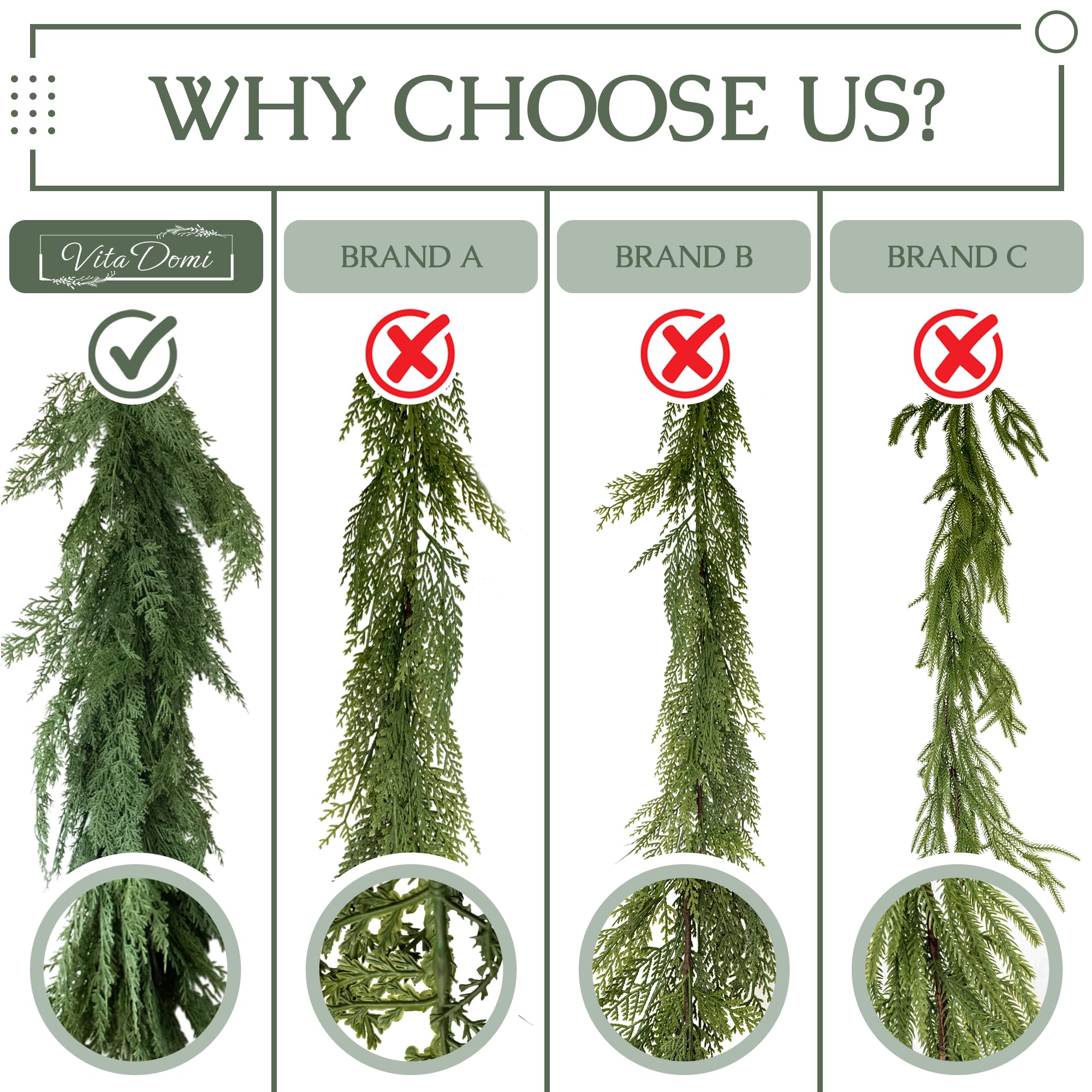 Ghirlanda natalizia con foglie di pino e cipresso da 180 cm (60 maglie), decorazione realistica con ghirlanda di pino adatta per decorazione natalizia - 6