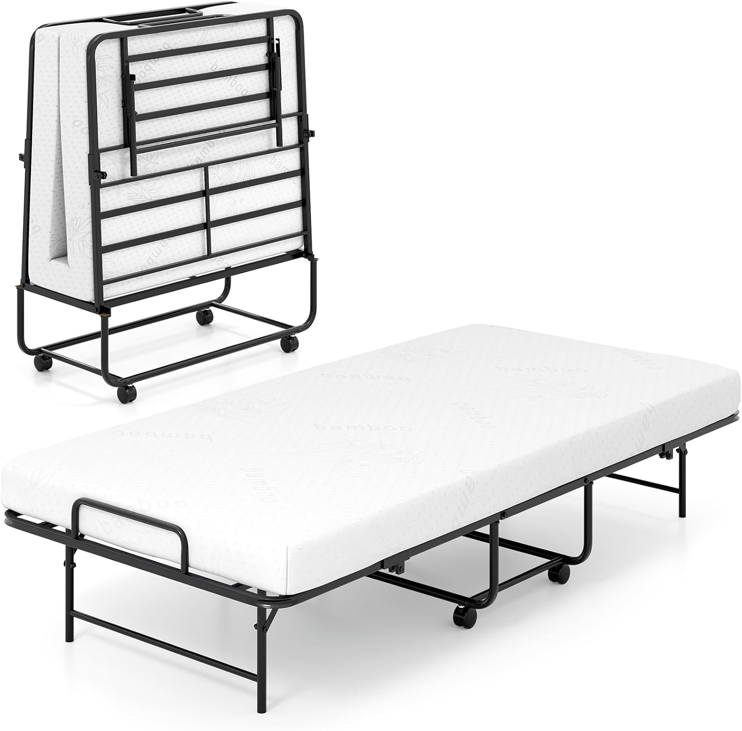 90 x 190 cm łóżko dla gości z materacem, składane łóżko pojedyncze, stabilne metalowe łóżko, obciążenie do 220 kg, składane łóżko na kółkach