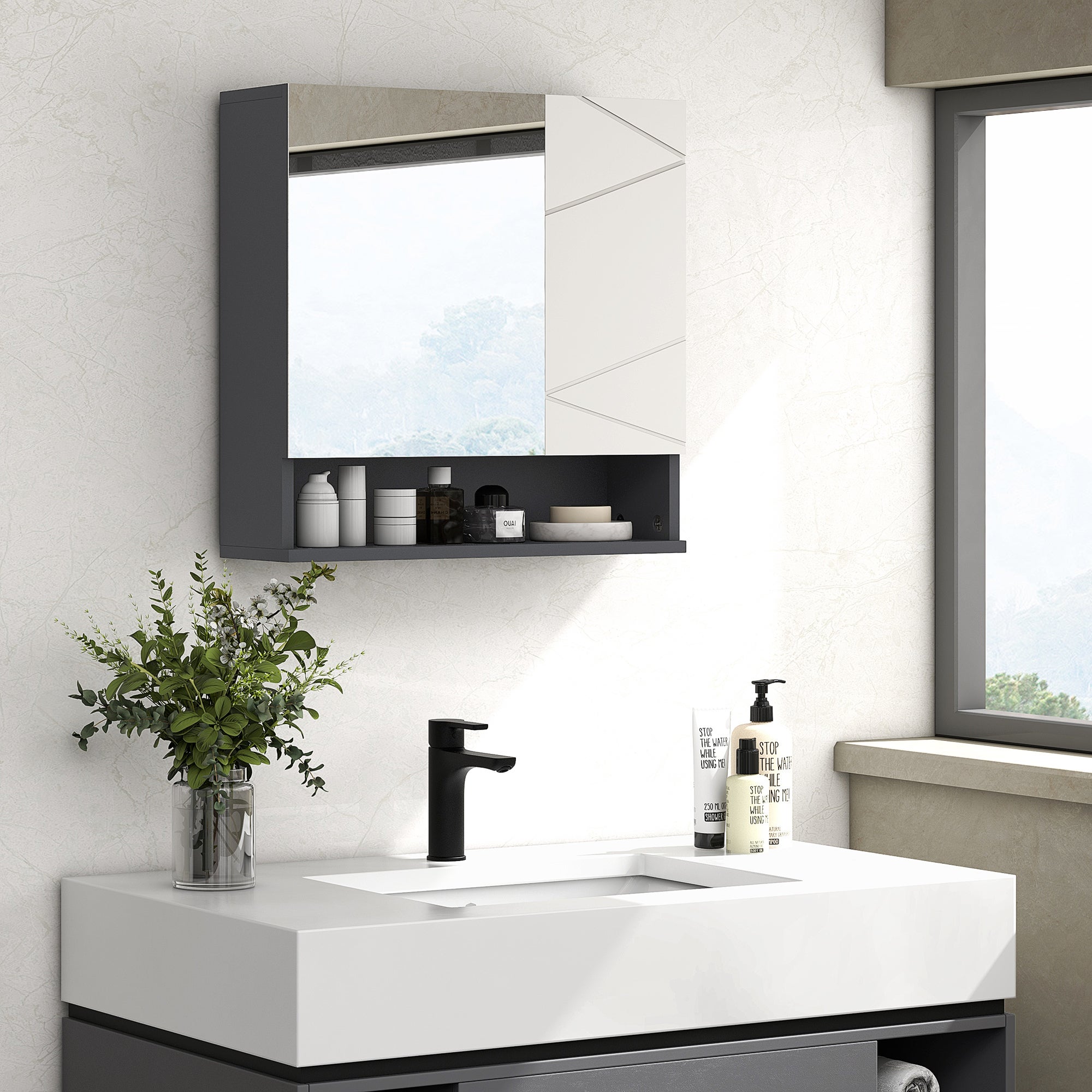 kleankin Armadietto con Specchiera Bagno a 2 Ante e Mensole Regolabili in Legno, 55x17x55cm, Grigio - 2