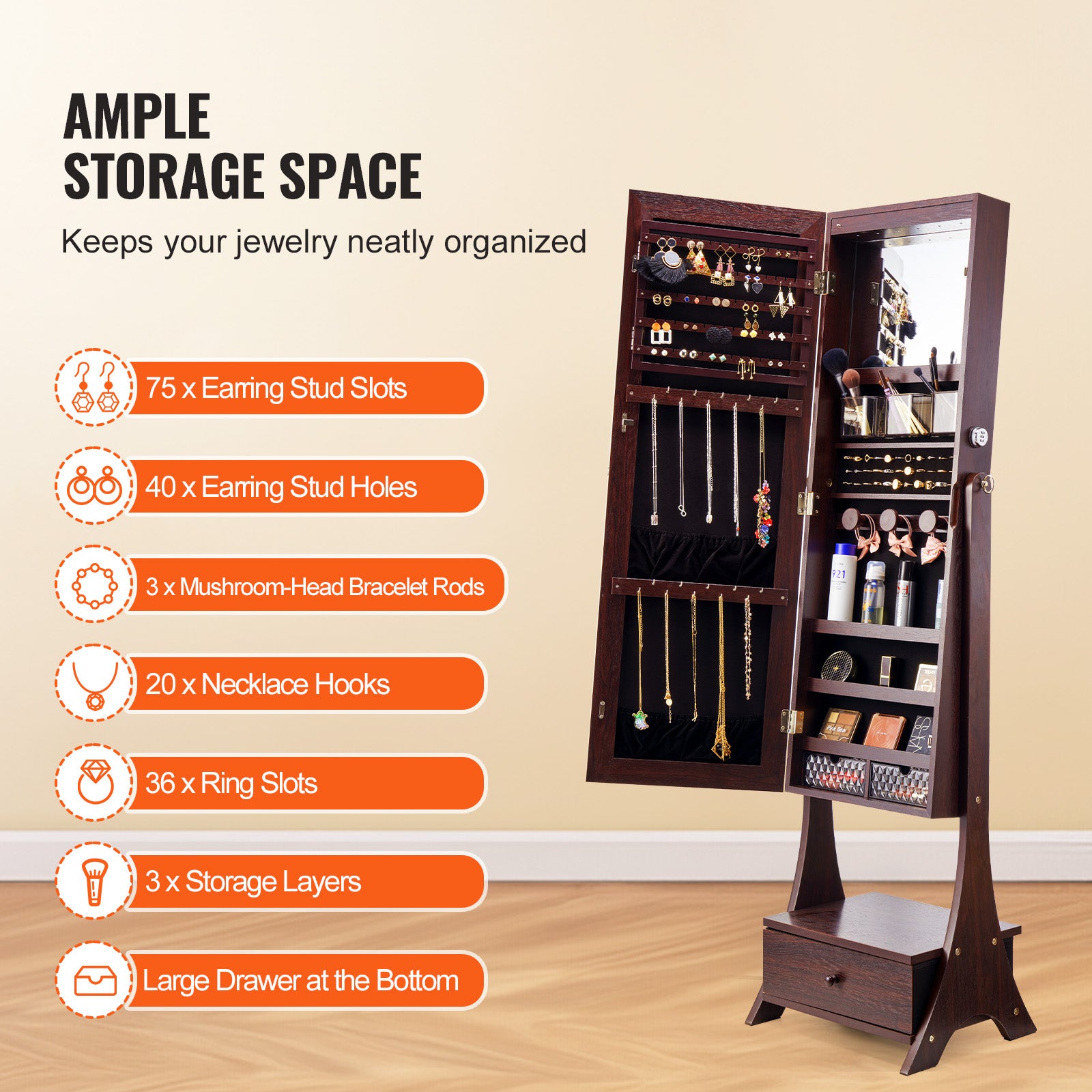 Armoire à Bijoux VEVOR avec Miroir Pleine Longueur, Organisateur sur Pied, Verrouillable, Intérieur LED, Velours, Tiroirs, Marron - 5