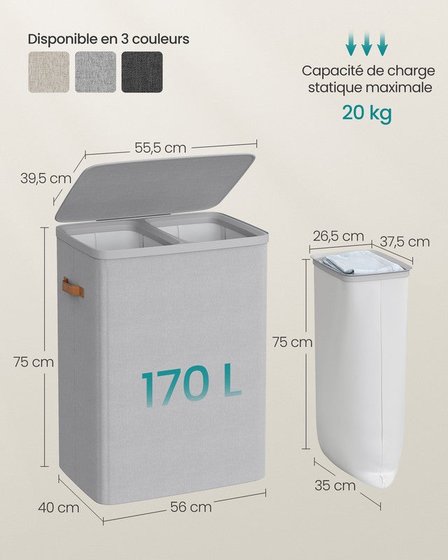 Panier à Linge, Corbeille à Linge Sale de 170 L, avec Couvercle et Poignées, Sacs Internes Amovibles, 56 x 40 x 75 cm, Gris Tourterelle - 4