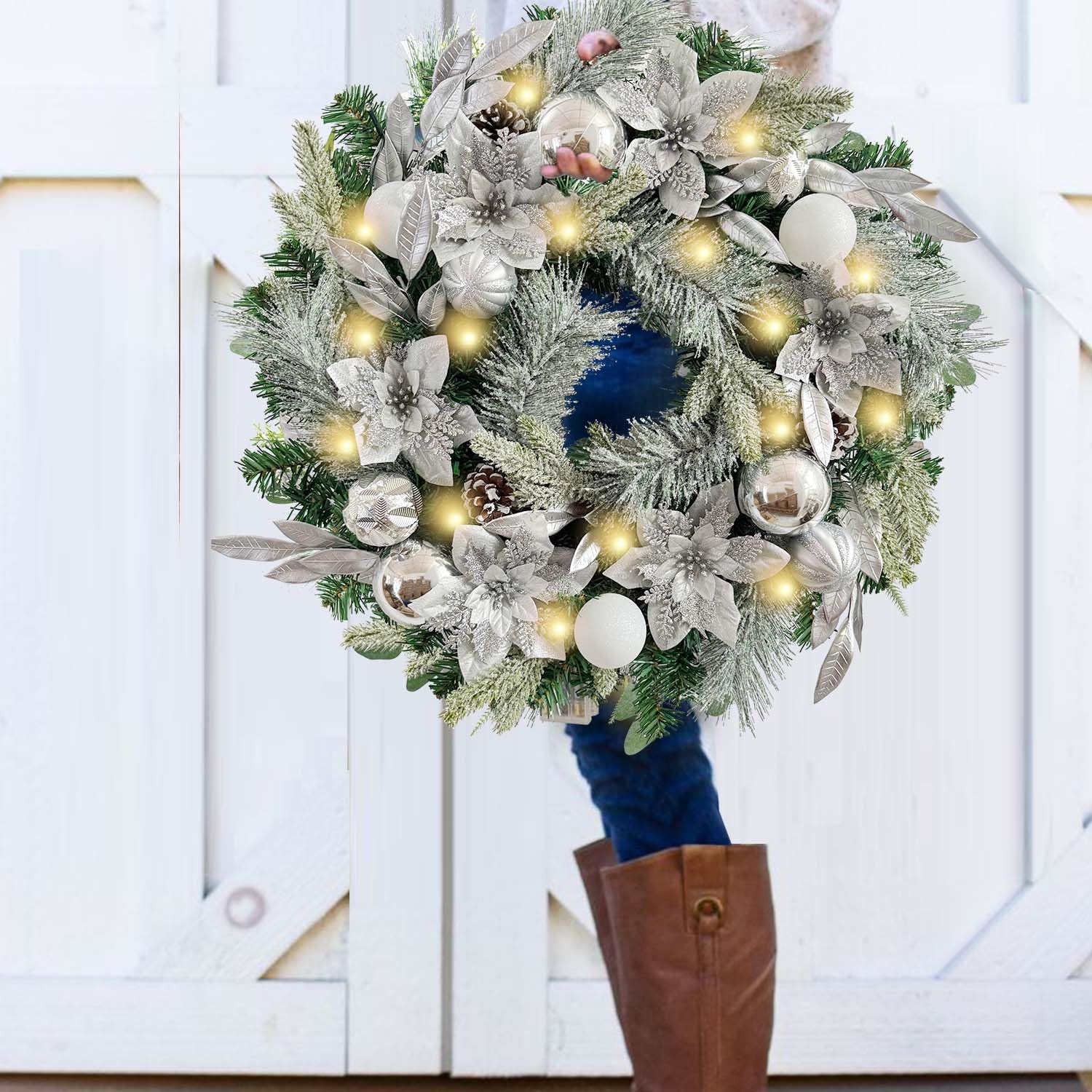 Couronne De Porte De Noël 40 Cm - Artificielle Avec Lumières LED - Réutilisable - Pour Porte, Mur, Fenêtre