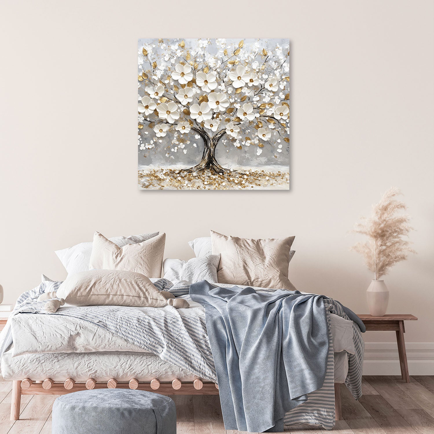 Tableau sur toile, Arbre de vie avec fleurs blanches dorées 60x60 - 2