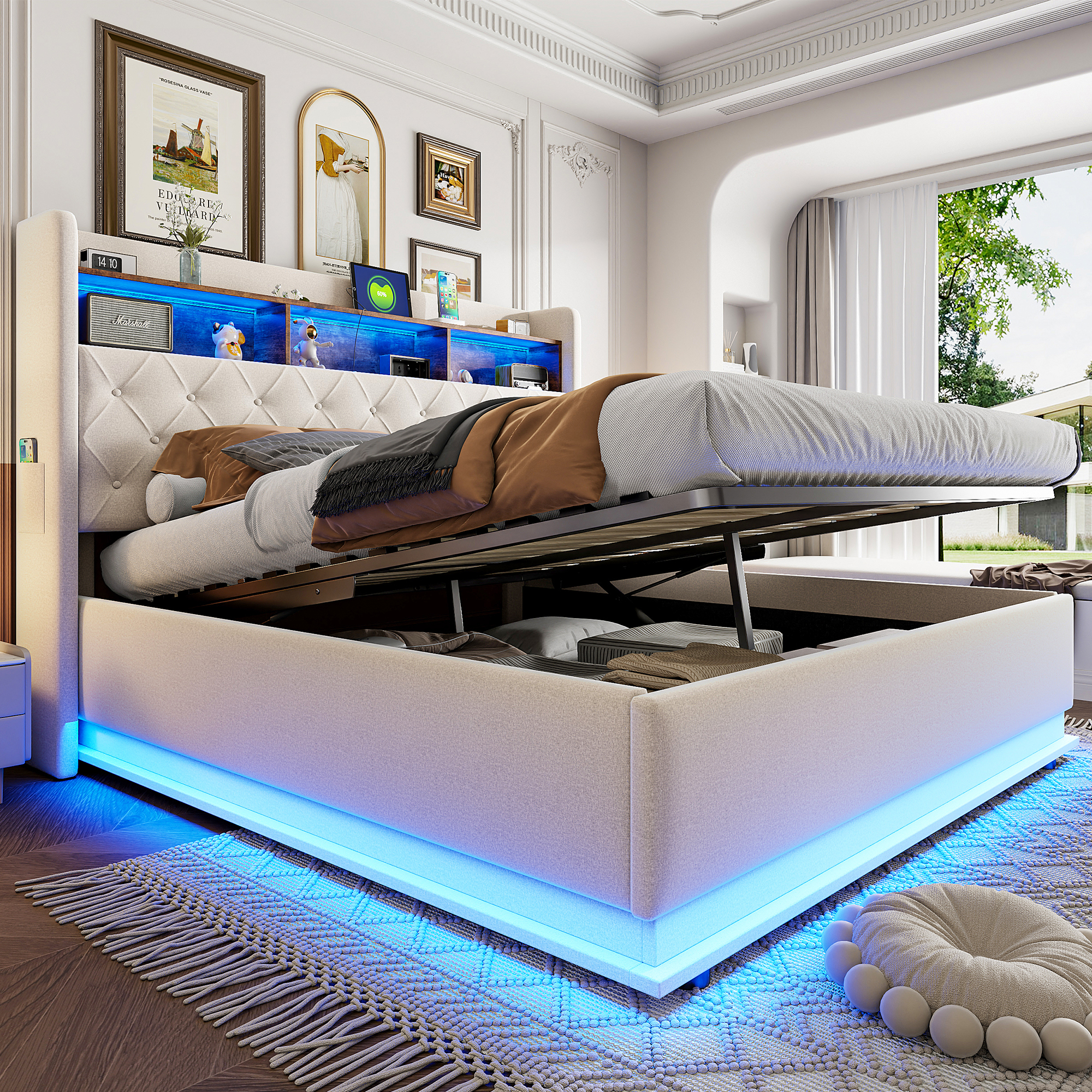 Łóżko z pojemnikiem na pościel 180 x 200 cm i zagłówkiem - Ładowanie USB i diody LED - Tkanina lniana - Beż