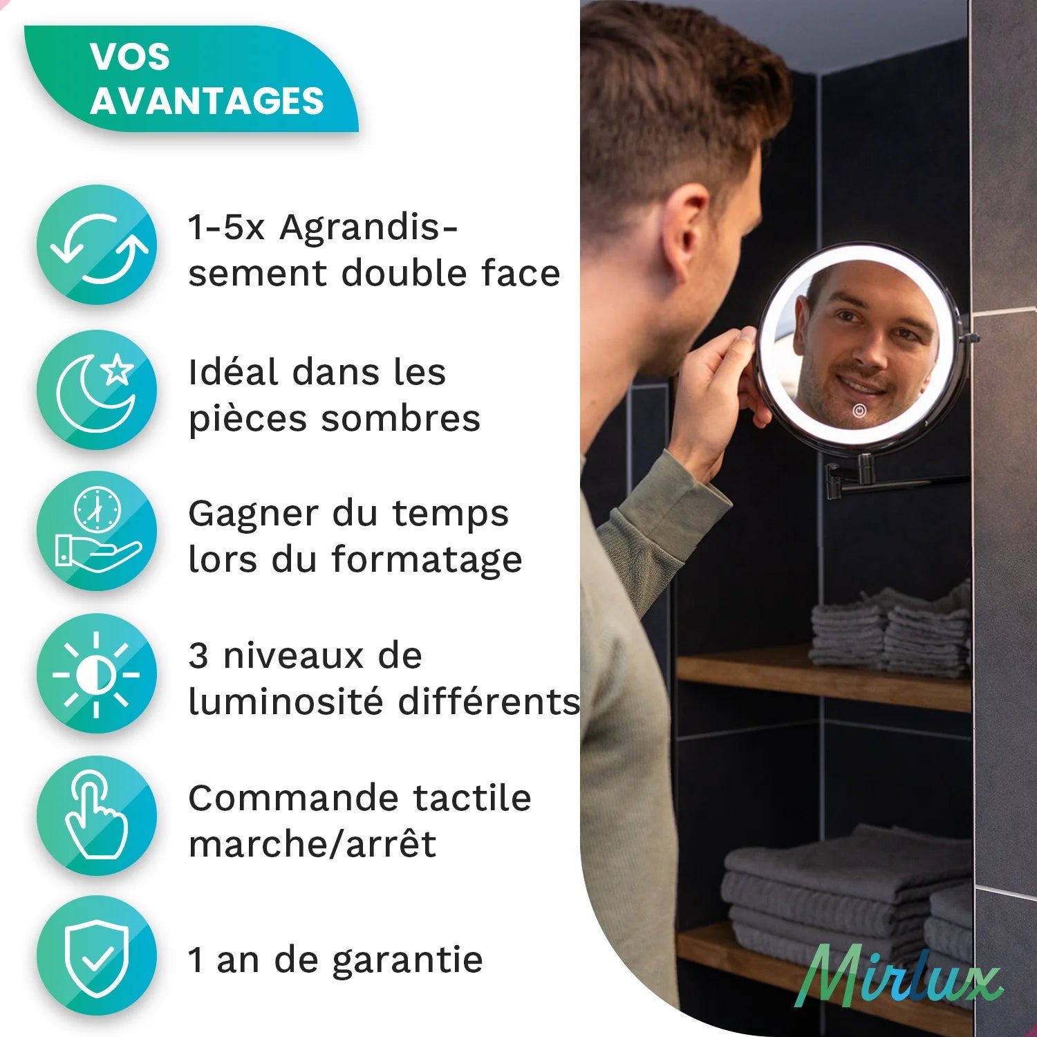 Mirlux Miroir de maquillage avec éclairage LED - Rechargeable - Grossissement x5 - Miroir de rasage - Miroir de salle de bain - Noir - 2