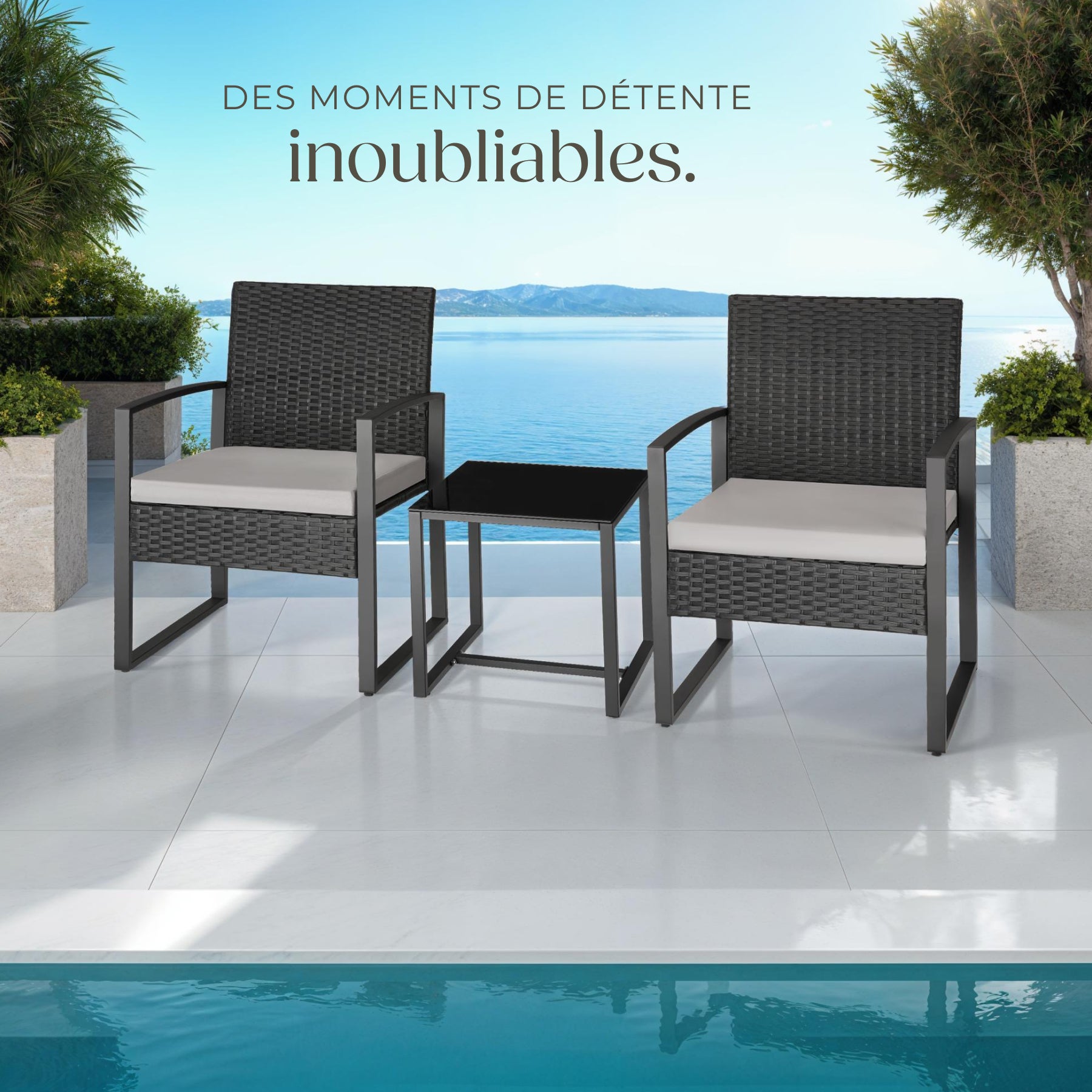 Lot de 2 chaises et table en poly rotin, structure acier époxy résistante, 58 x 55,5 x 78 cm gris clair/noir TECTAKE - 8