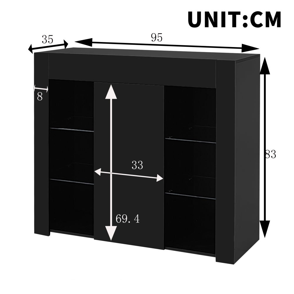 Nowoczesny bufet z błyszczącym wykończeniem i szklanymi półkami – kompaktowy i elegancki mebel do przechowywania 95x35x83 cm do salonu - 4