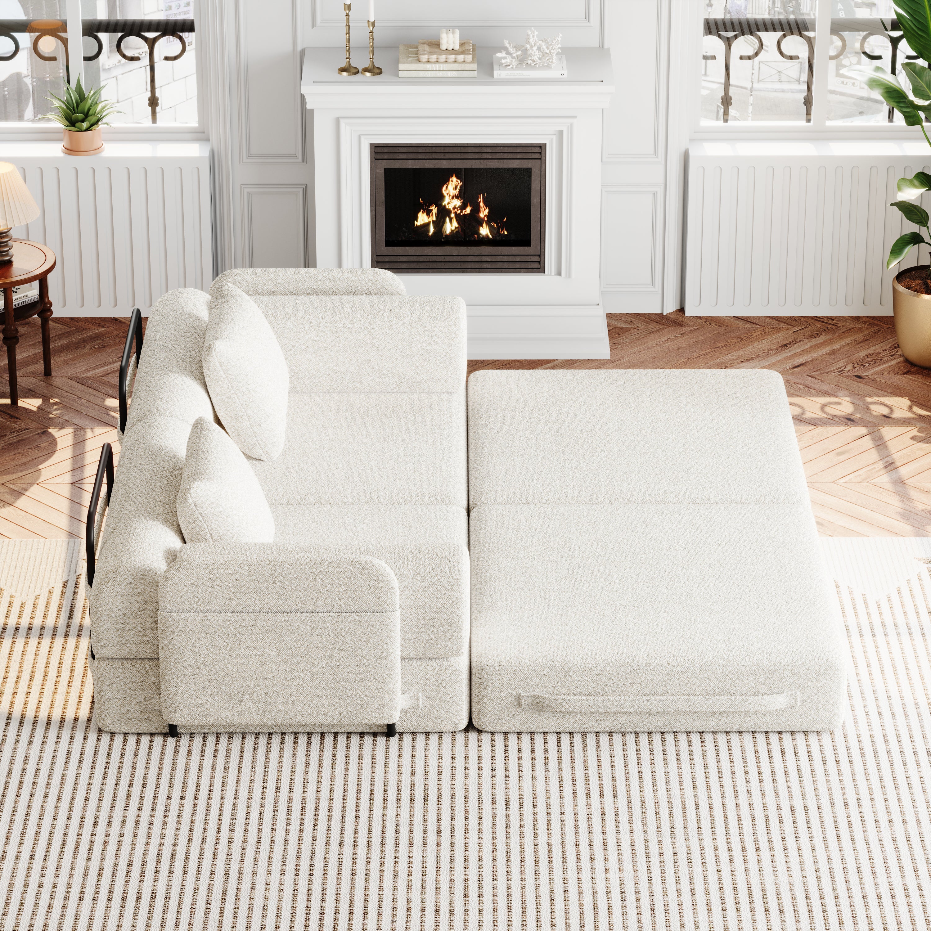 Canapé convertible 2-en-1, 2 places, design breveté, rangement accoudoir, 3 cadres métal, configurations multiples, chenille, Beige, 183x91x70 cm - 7