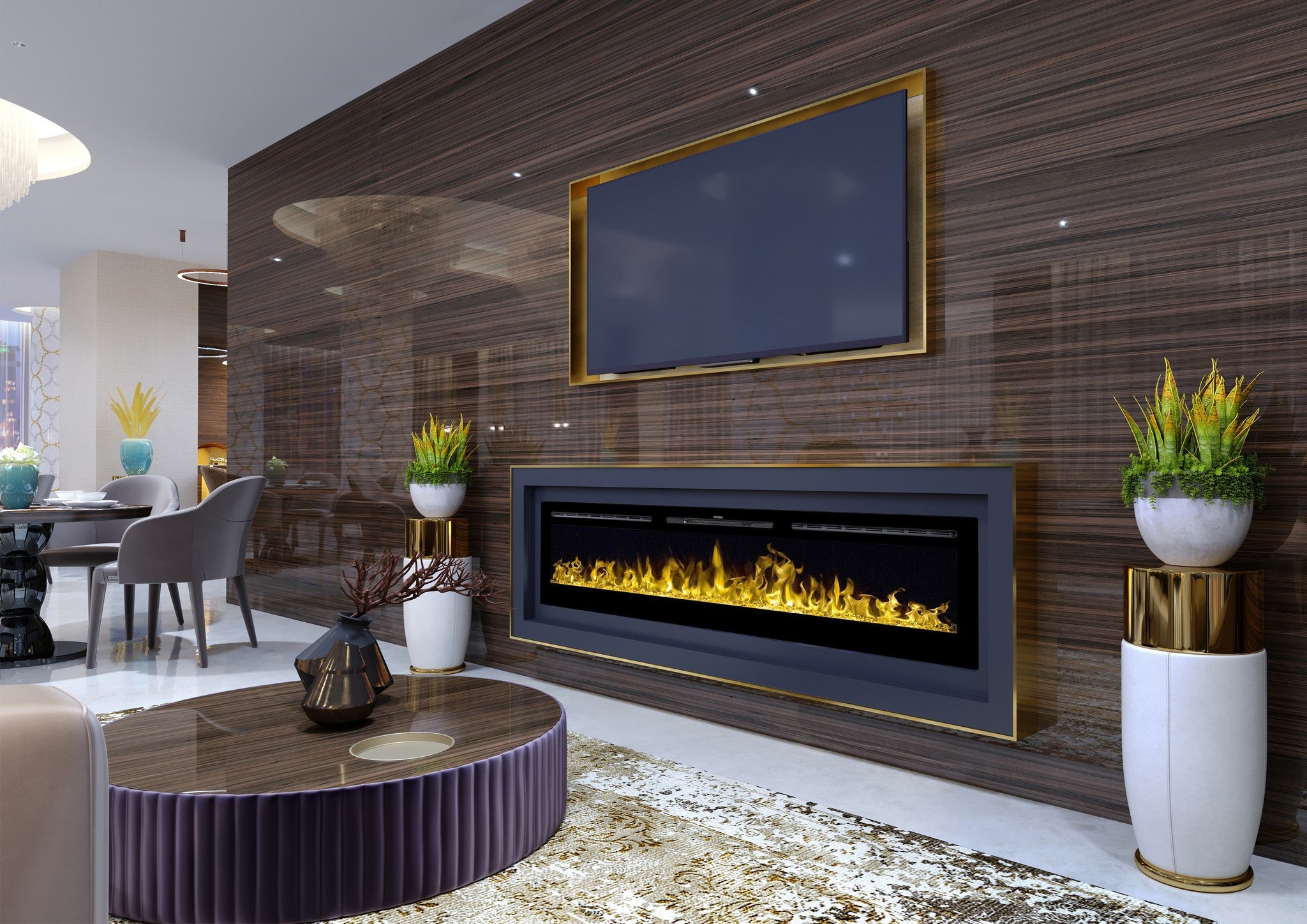 Cheminée électrique AFLAMO Majestic 50 - feu premium - murale ou encastrable - 128x55x14 cm - cheminée LED décorative avec chauffage 750/1500 W - 8
