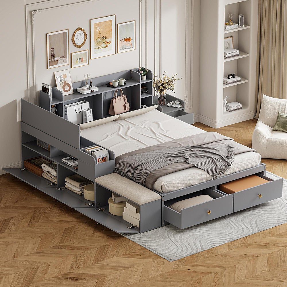 Canapé D'angle Convertible En Lit Avec Rangement - Velours Chenille Gris Foncé, Ports USB, 4 Places, Dimensions 206x141cm